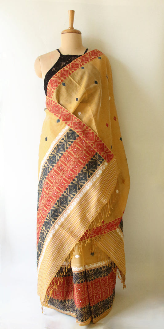 Natural Dyed  Yellow Cotton Silk Handloom Mekhela Chador Set from Assam