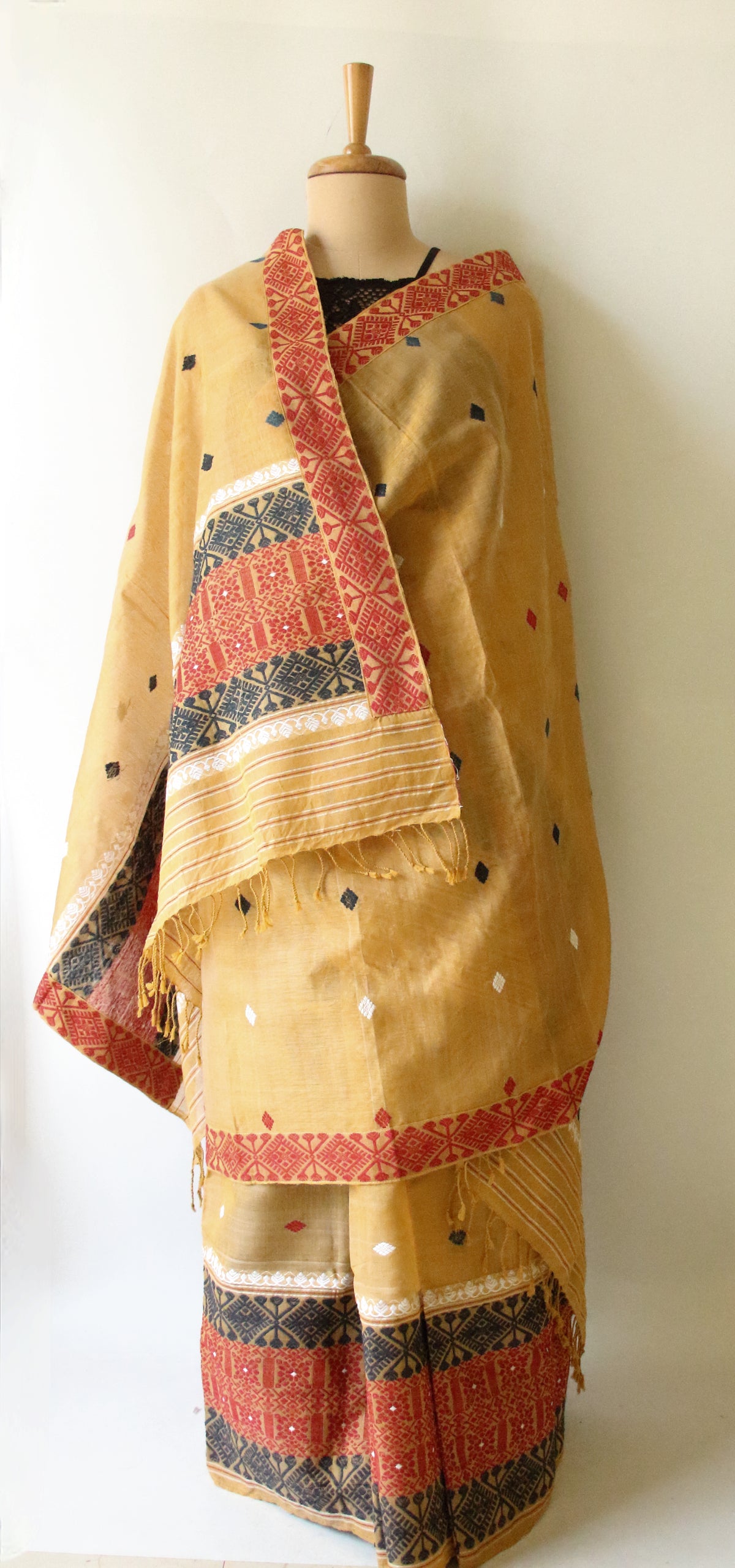 Natural Dyed  Yellow Cotton Silk Handloom Mekhela Chador Set from Assam