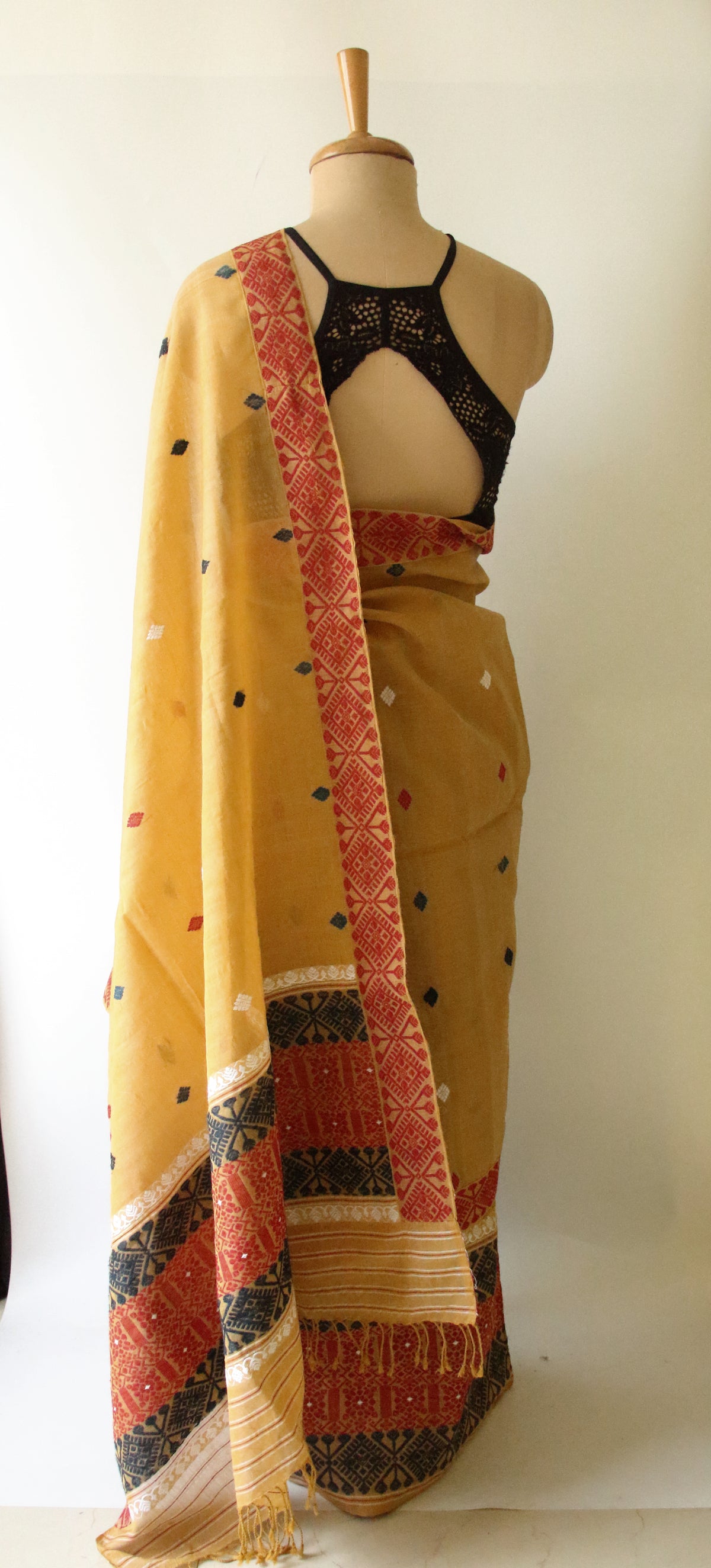 Natural Dyed  Yellow Cotton Silk Handloom Mekhela Chador Set from Assam
