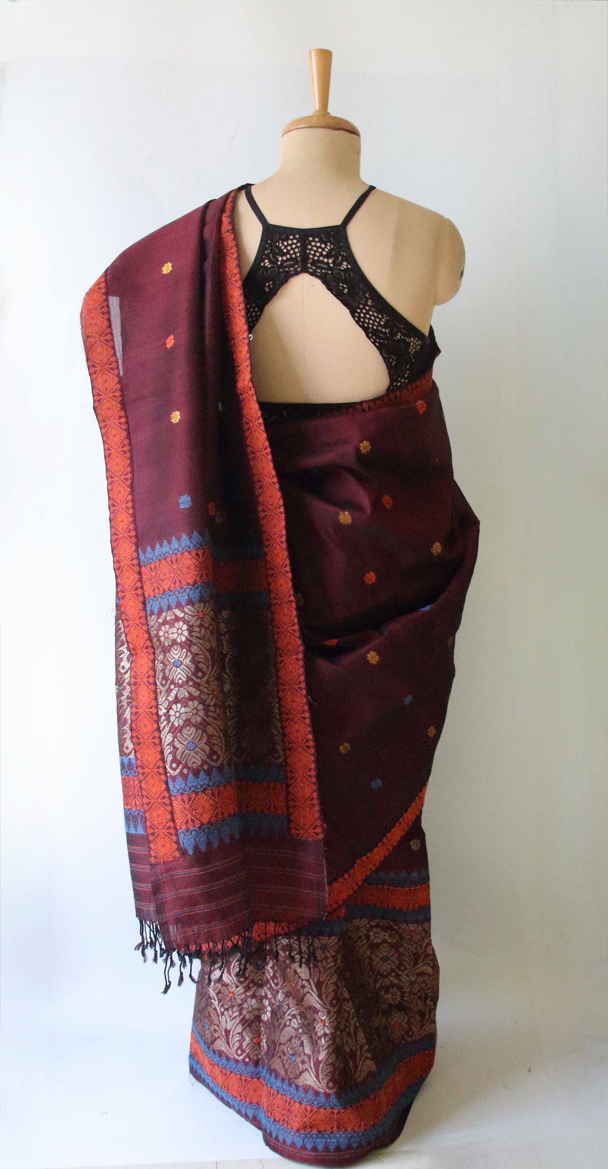 Maroon Natural dyed  Cotton Silk Handloom Mekhela Chador Set from Assam