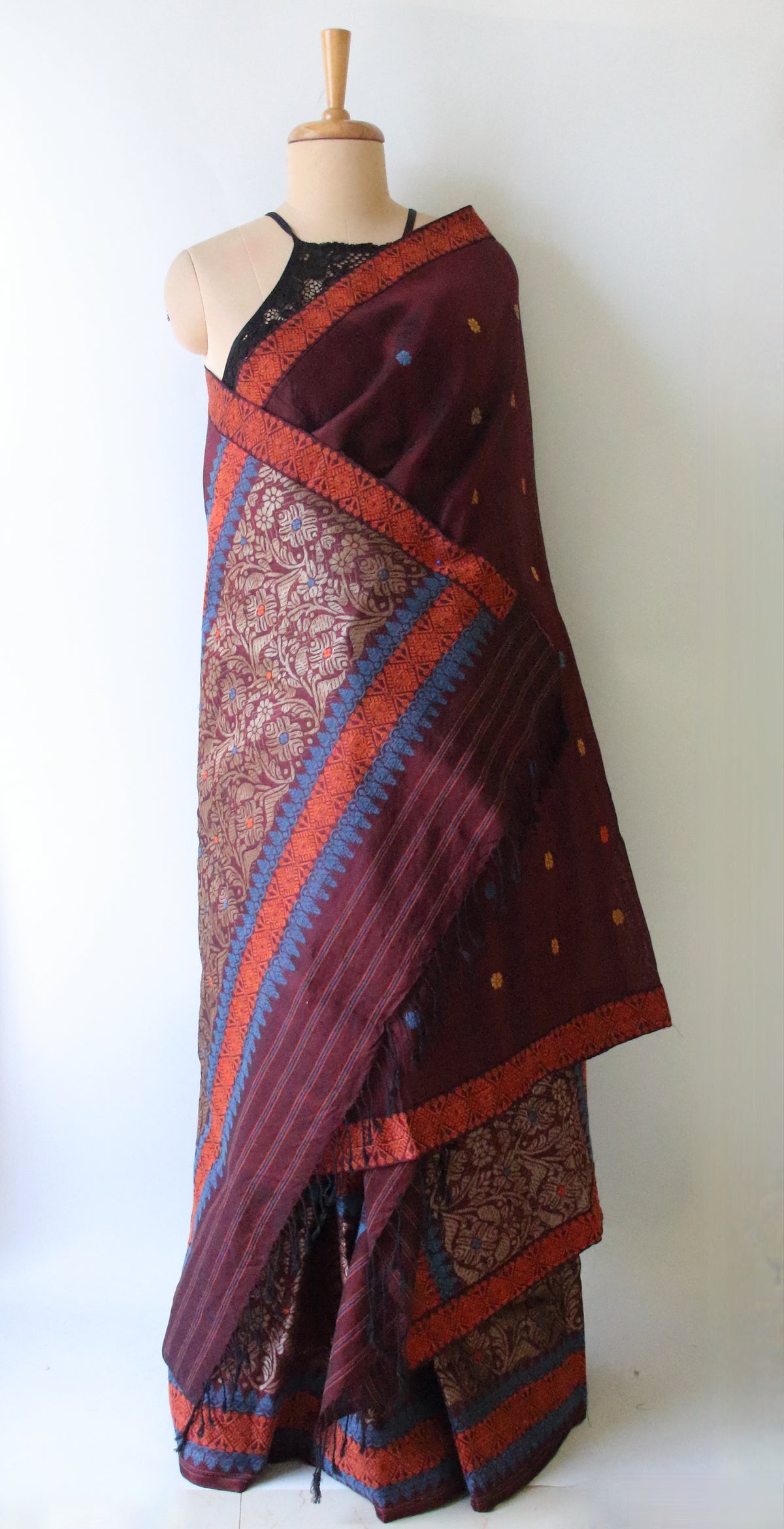 Maroon Natural dyed  Cotton Silk Handloom Mekhela Chador Set from Assam