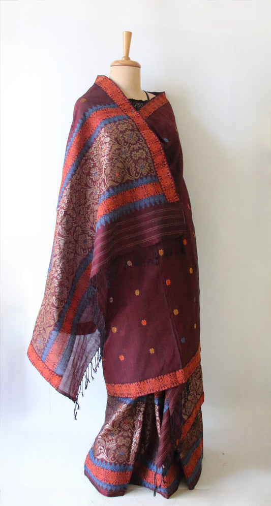 Maroon Natural dyed  Cotton Silk Handloom Mekhela Chador Set from Assam