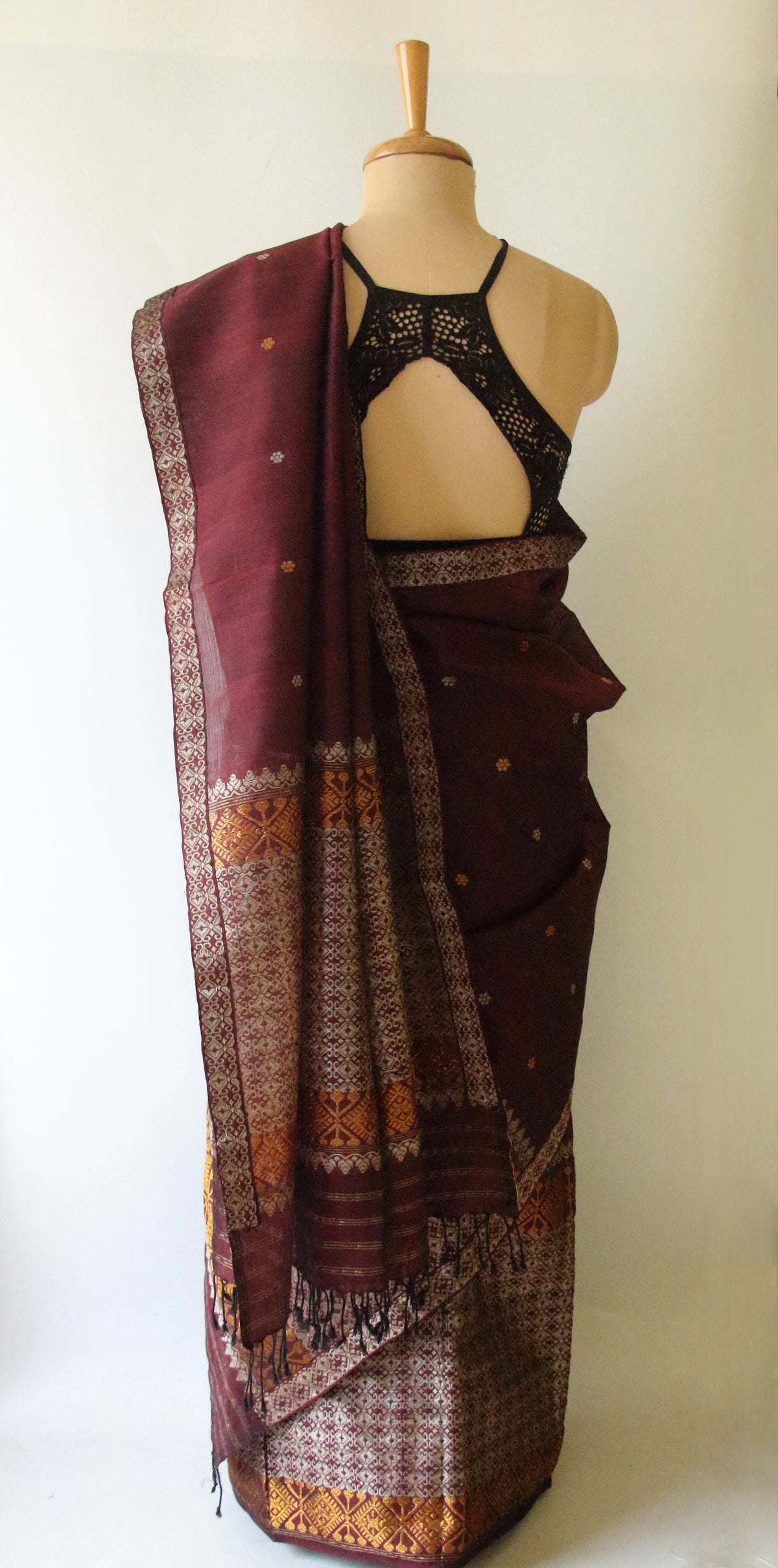 Maroon Natural dyed  Cotton Silk Handloom Mekhela Chador Set from Assam