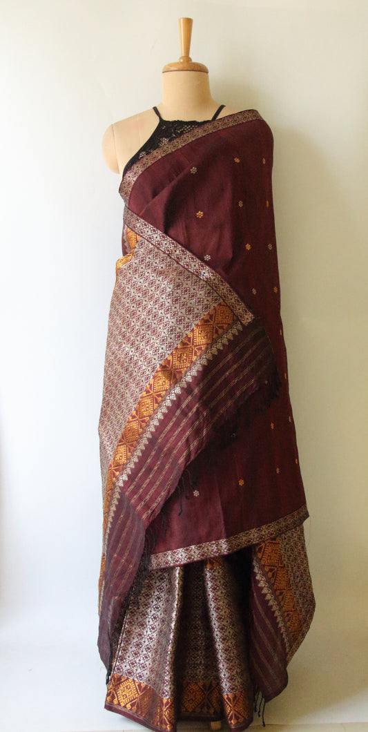 Maroon Natural dyed  Cotton Silk Handloom Mekhela Chador Set from Assam