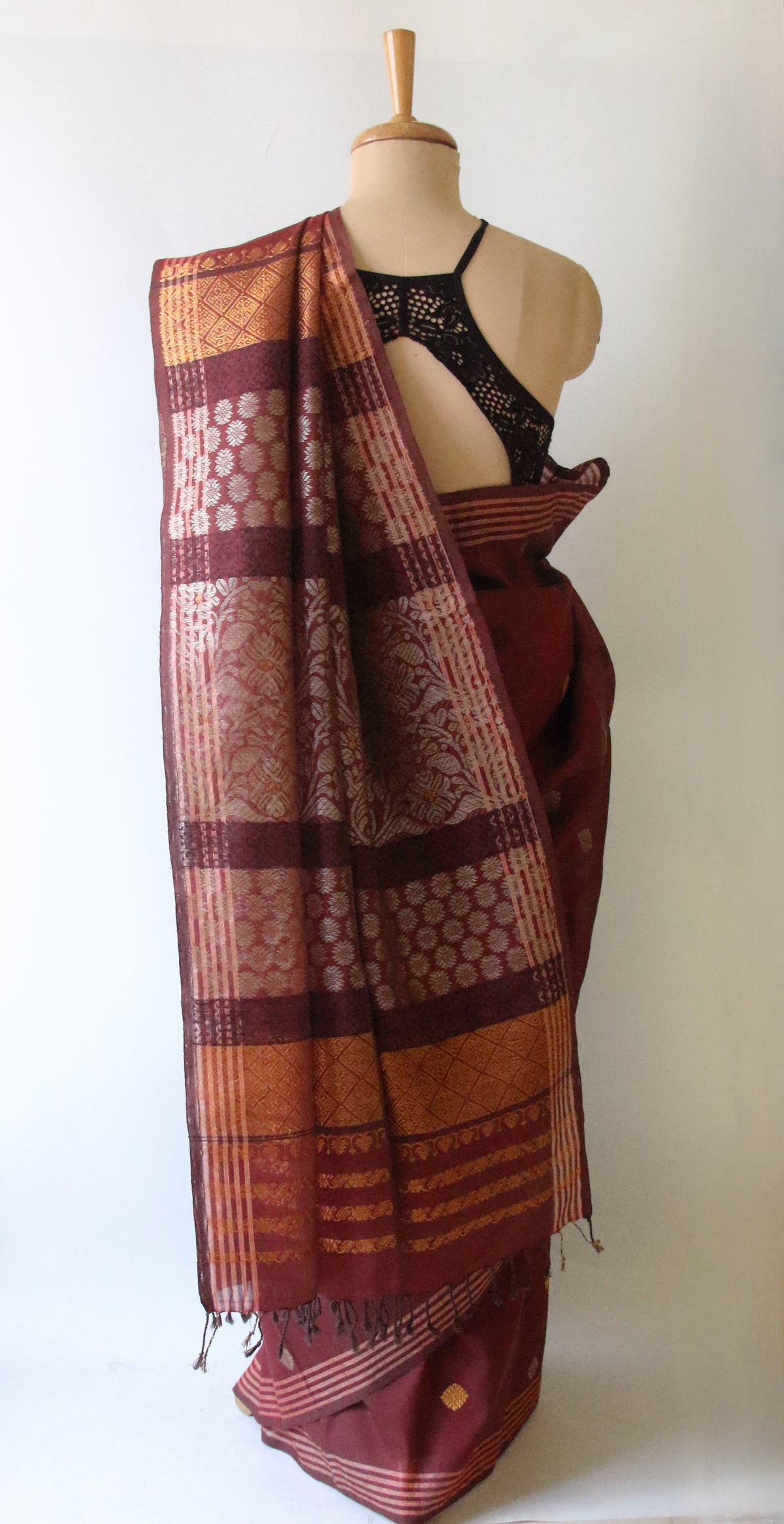 Natural Dyed Brick Maroon Handloom Cotton Silk Saree from Assam