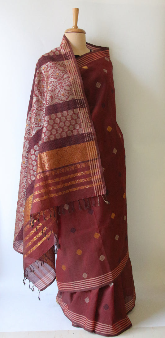 Natural Dyed Brick Maroon Handloom Cotton Silk Saree from Assam