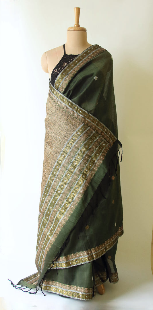 Bottle Green Handloom Cotton Silk Saree from Assam
