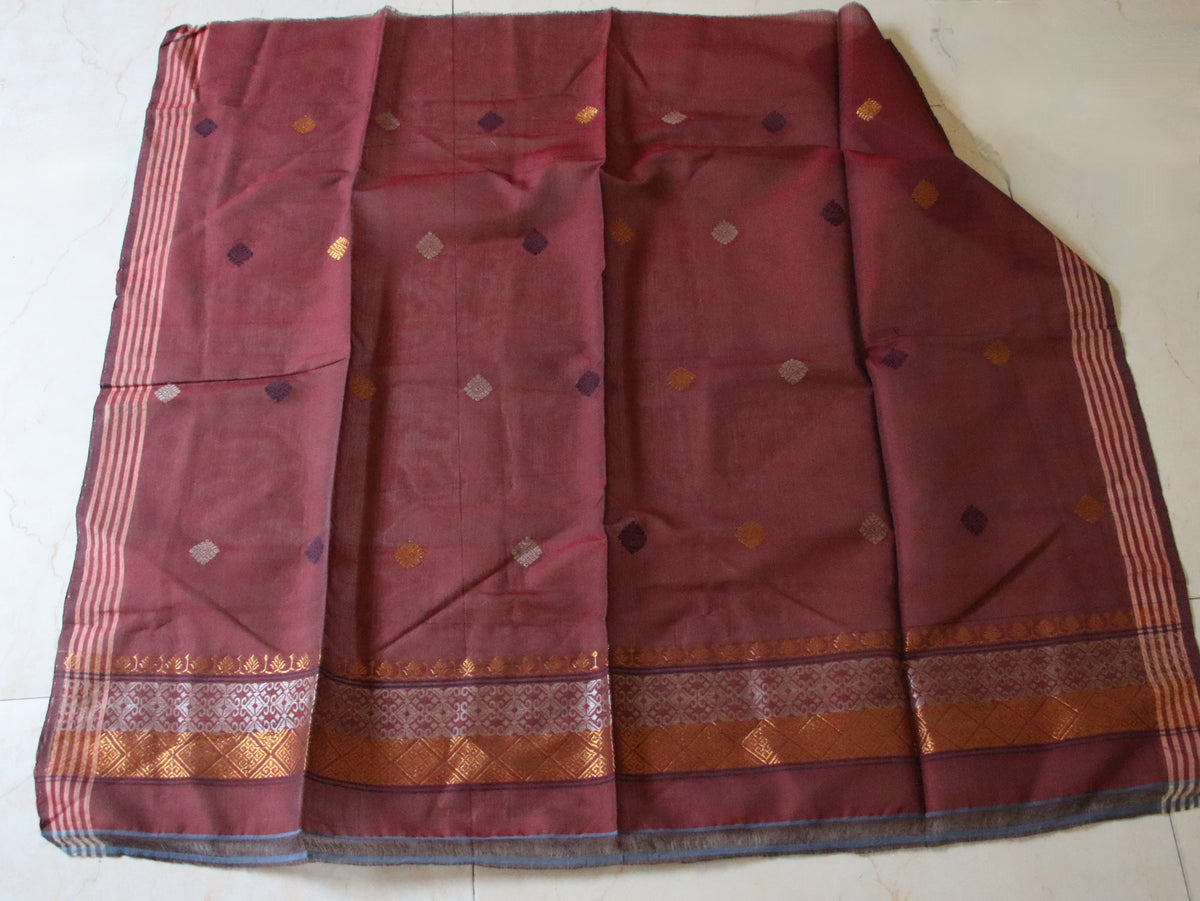Natural Dyed Brick Maroon Handloom Cotton Silk Saree from Assam