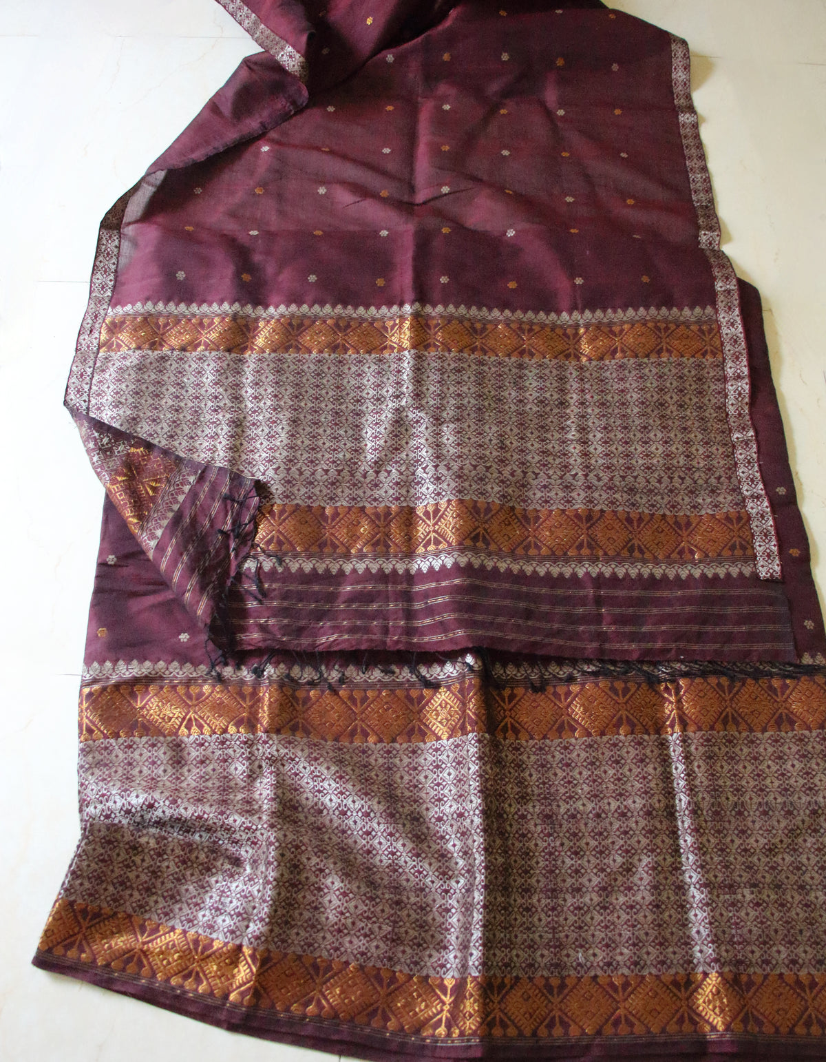 Maroon Natural dyed  Cotton Silk Handloom Mekhela Chador Set from Assam