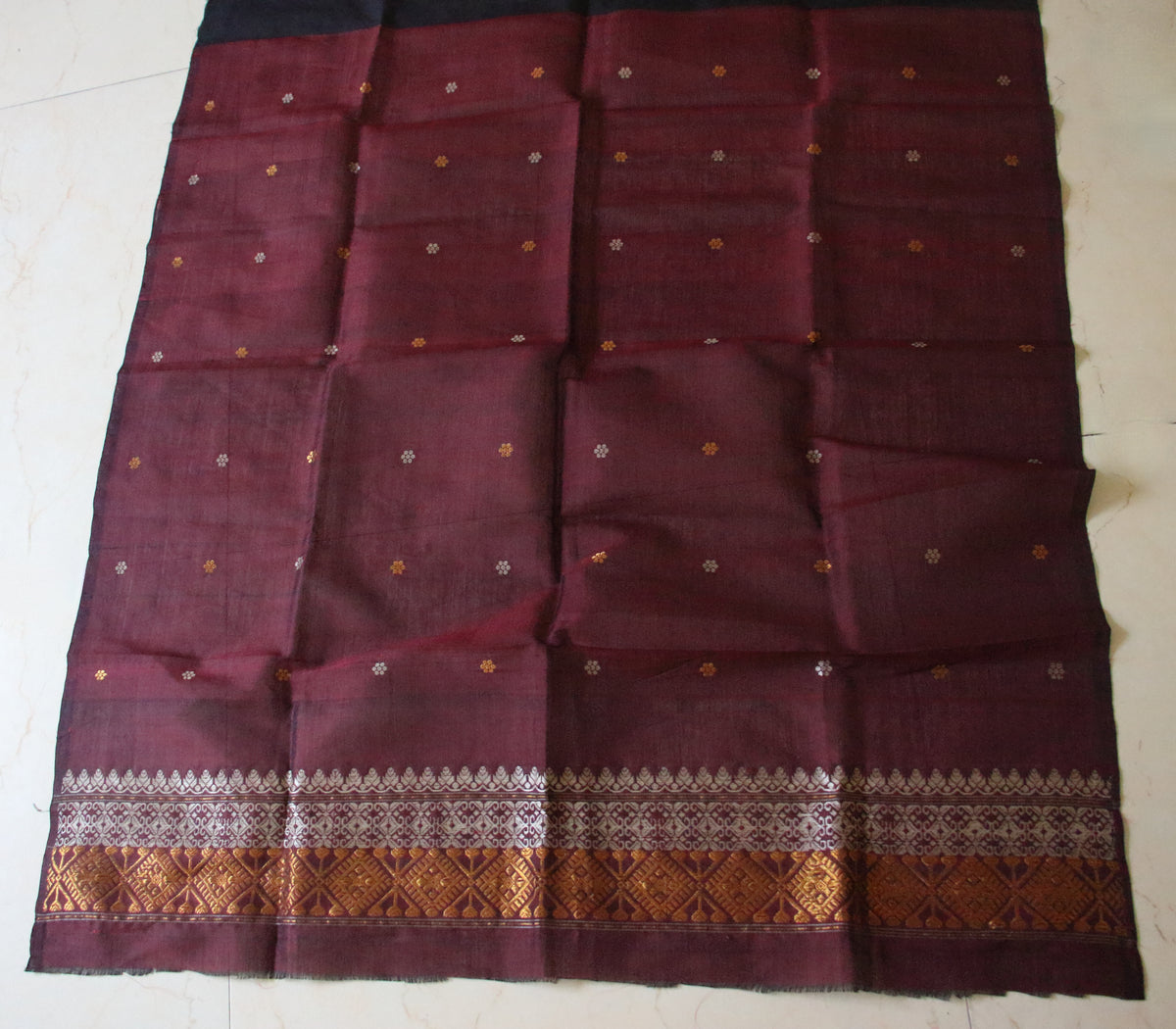 Maroon Natural dyed  Cotton Silk Handloom Mekhela Chador Set from Assam