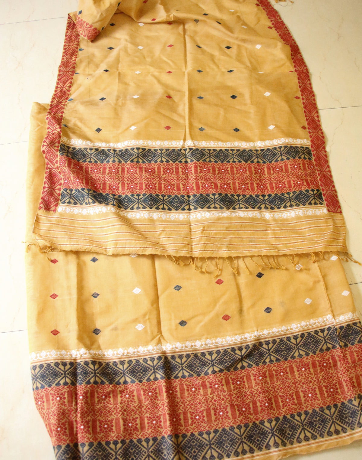Natural Dyed  Yellow Cotton Silk Handloom Mekhela Chador Set from Assam