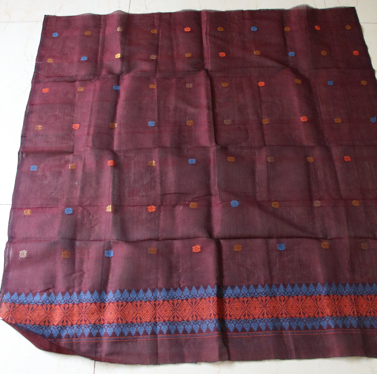 Maroon Natural dyed  Cotton Silk Handloom Mekhela Chador Set from Assam
