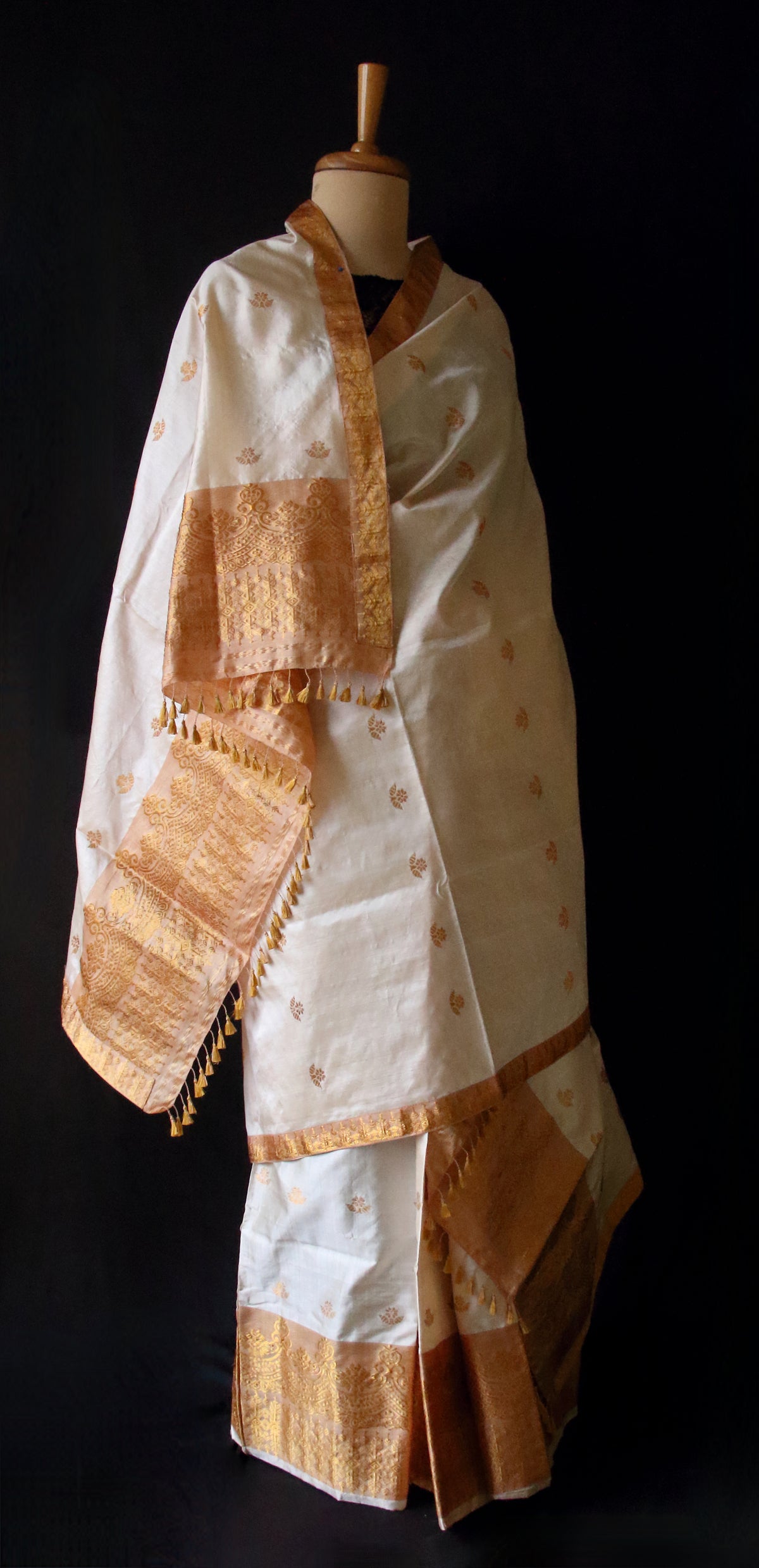 Soft Golden Beige Traditional Silk Mekhela Chador Set from Assam