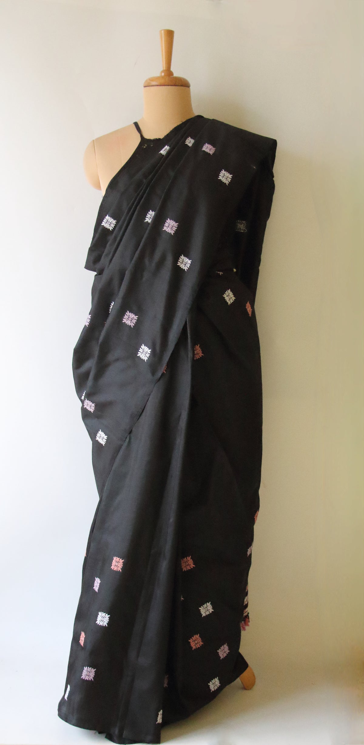 Black Handloom Mulberry Silk Saree / Contemporary Design from Assam