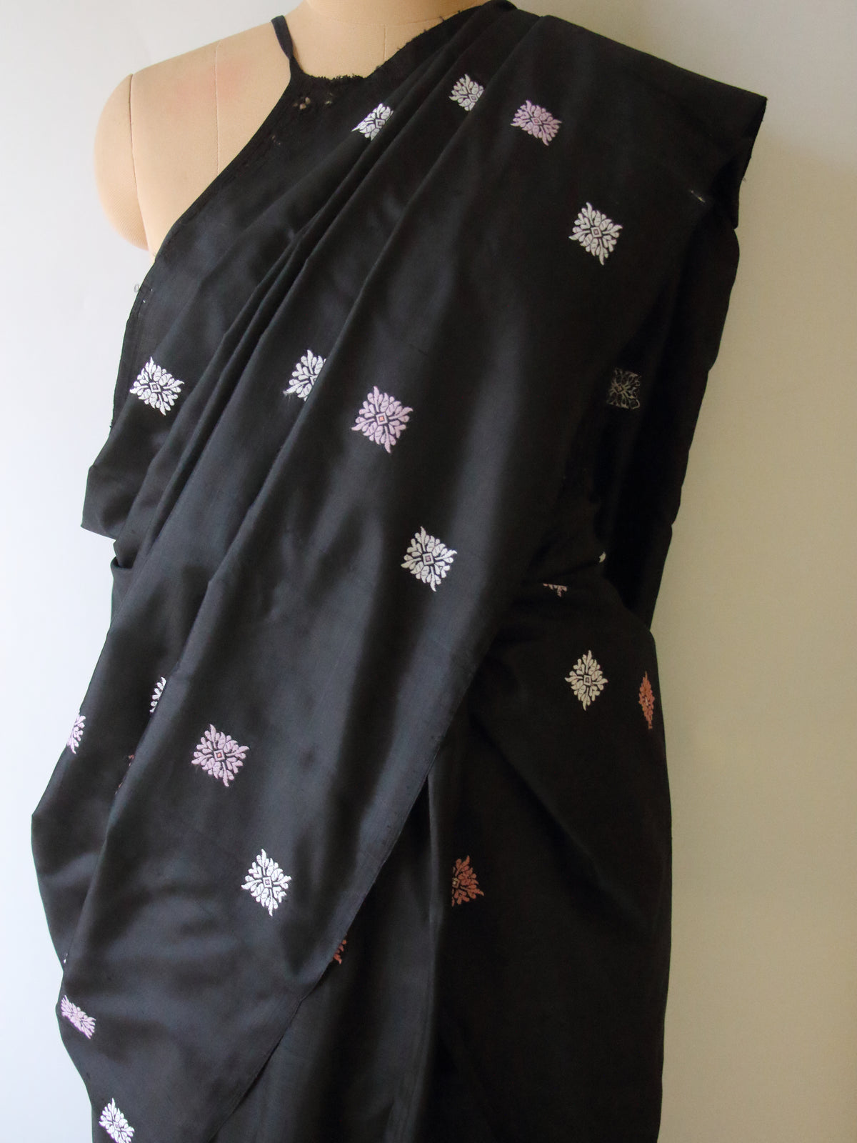 Black Handloom Mulberry Silk Saree / Contemporary Design from Assam