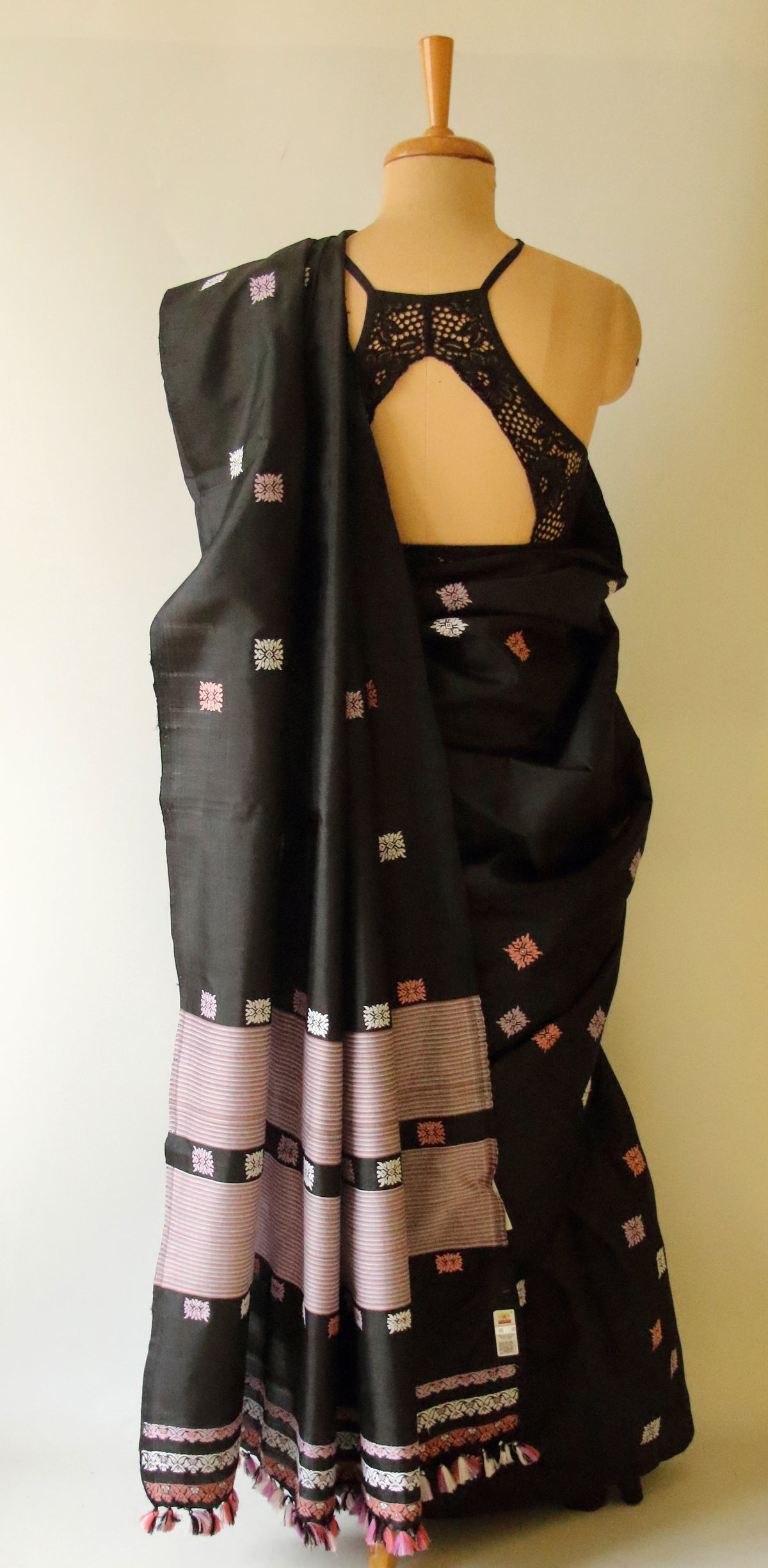 Black Handloom Mulberry Silk Saree / Contemporary Design from Assam