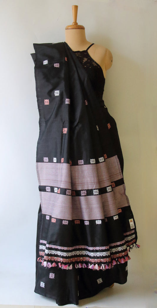 Black Handloom Mulberry Silk Saree / Contemporary Design from Assam