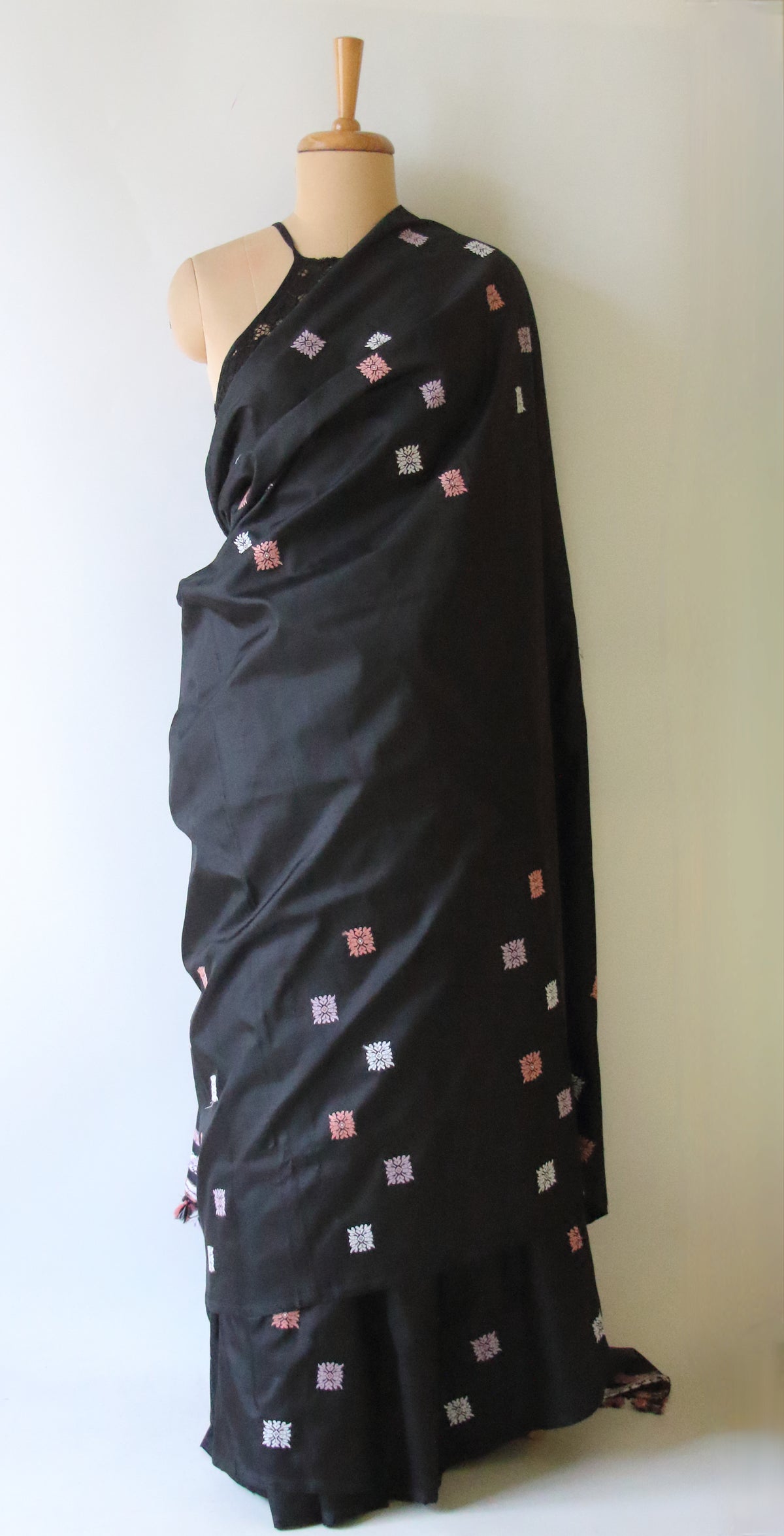 Black Handloom Mulberry Silk Saree / Contemporary Design from Assam