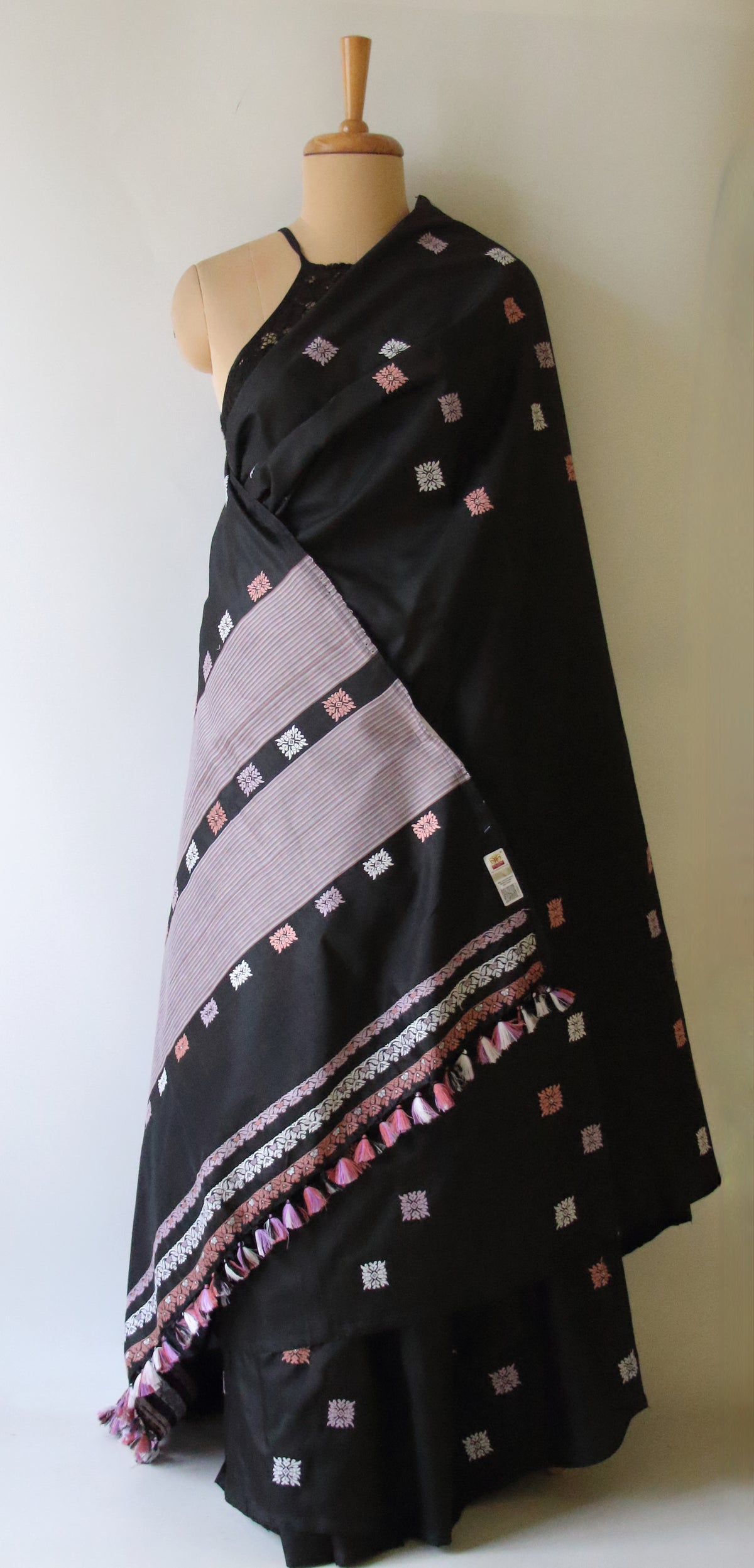 Black Handloom Mulberry Silk Saree / Contemporary Design from Assam