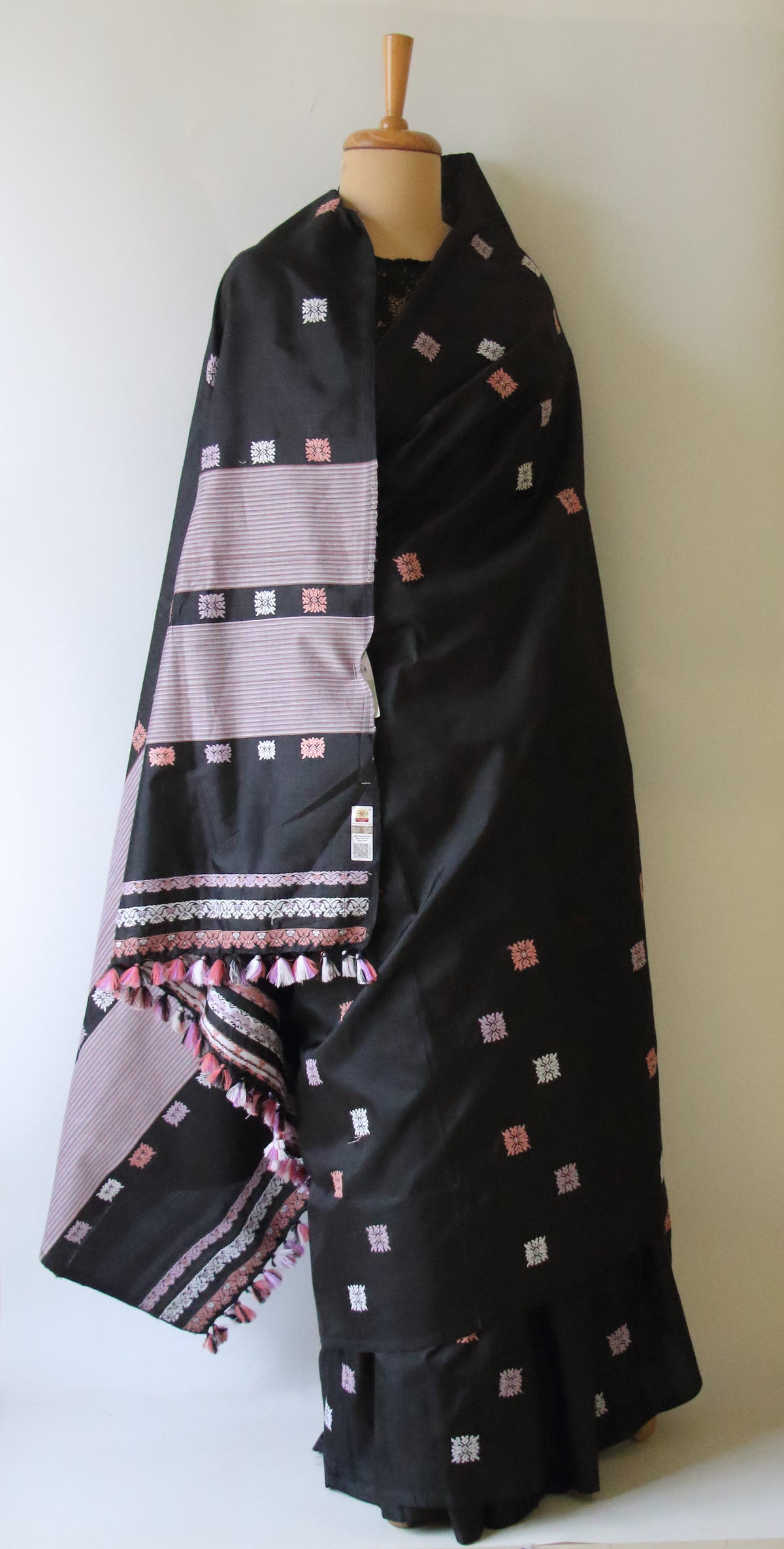 Black Handloom Mulberry Silk Saree / Contemporary Design from Assam