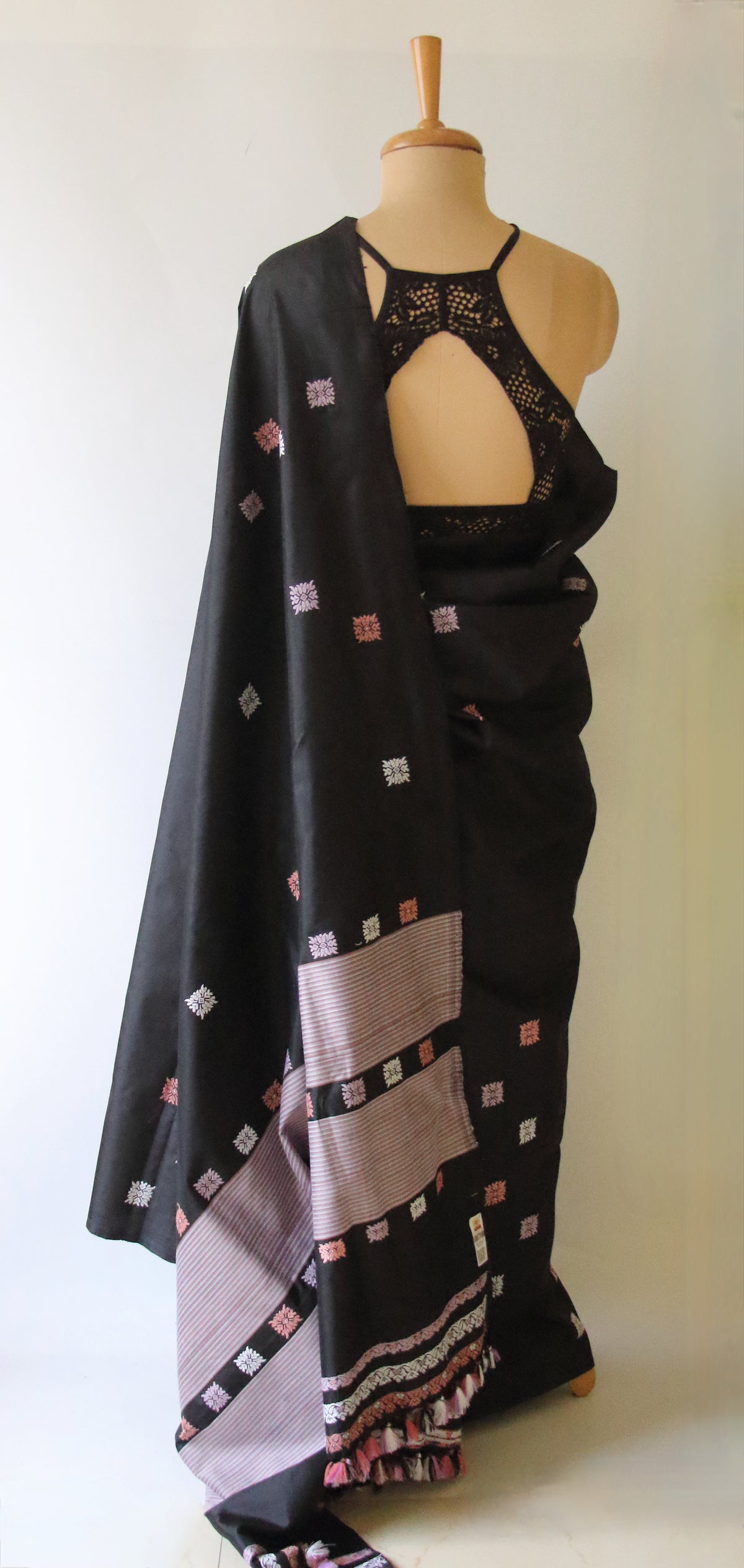 Black Handloom Mulberry Silk Saree / Contemporary Design from Assam