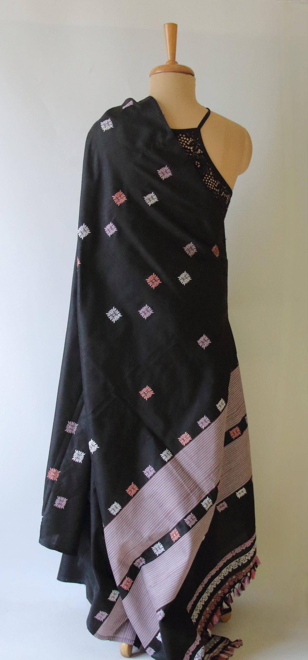 Black Handloom Mulberry Silk Saree / Contemporary Design from Assam