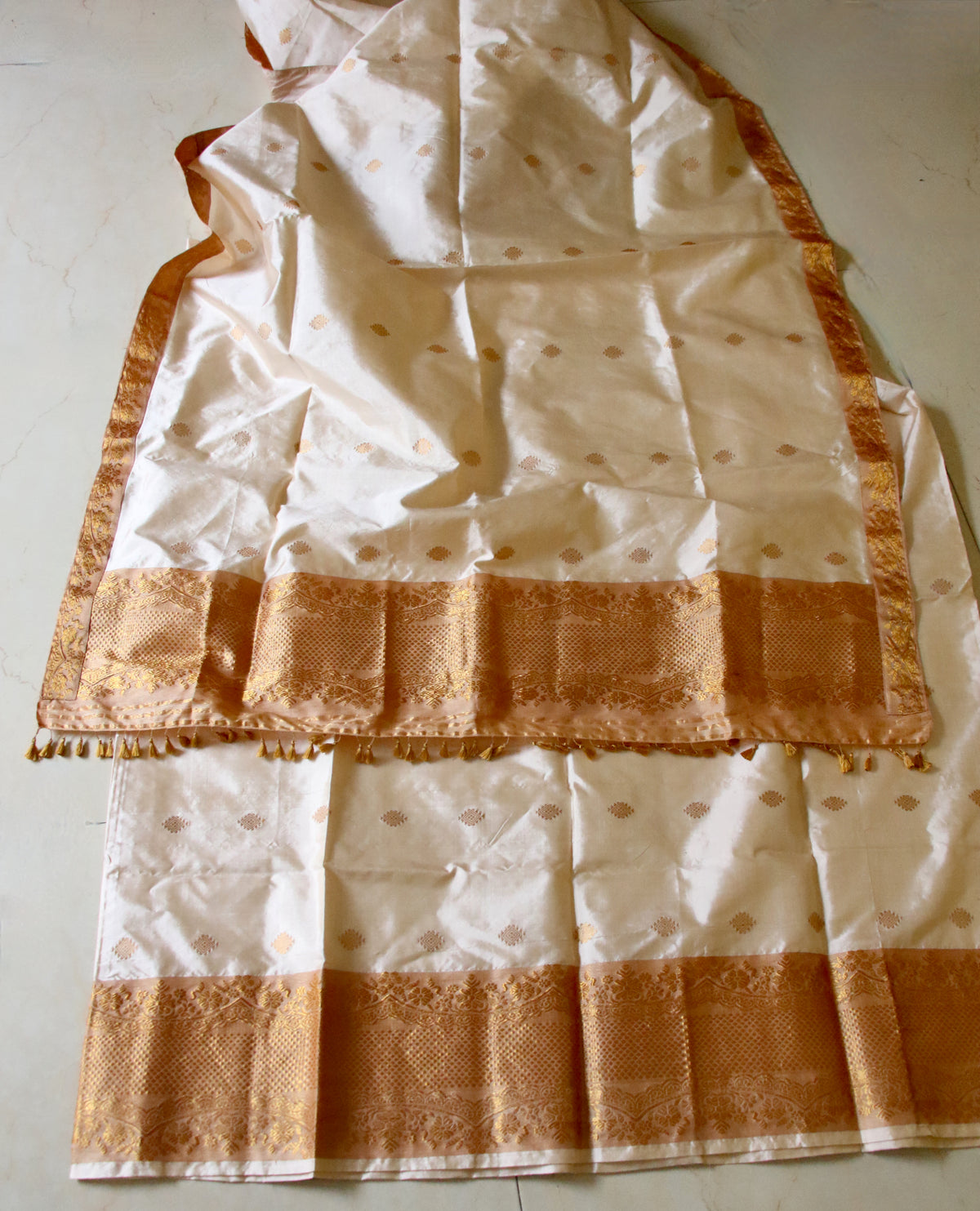 Soft Golden Beige Traditional Silk Mekhela Chador Set from Assam