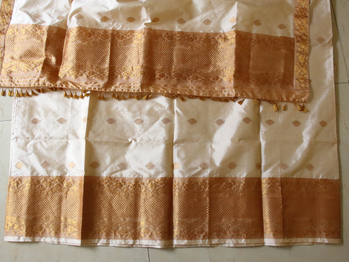 Soft Golden Beige Traditional Silk Mekhela Chador Set from Assam