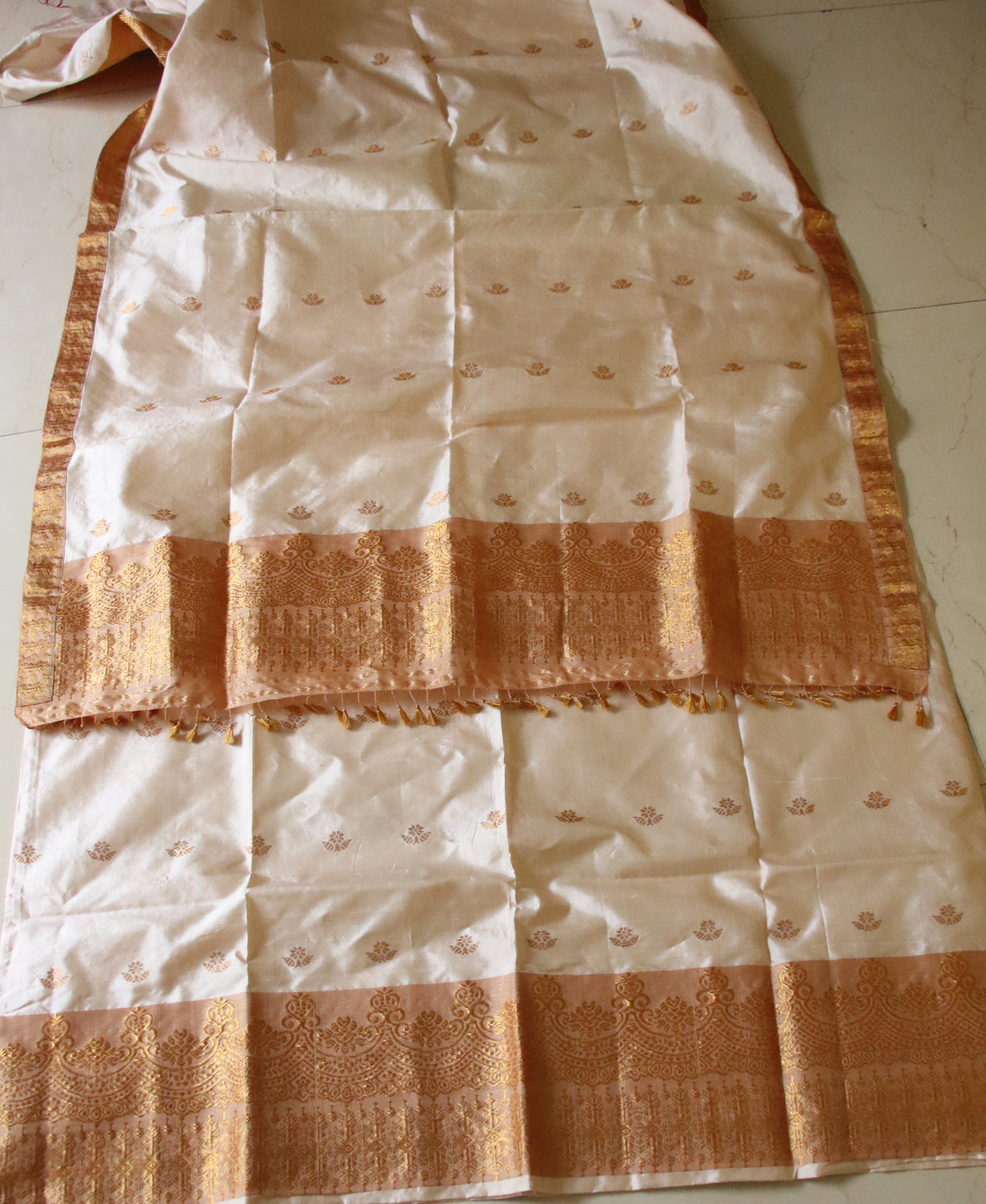Soft Golden Beige Traditional Silk Mekhela Chador Set from Assam
