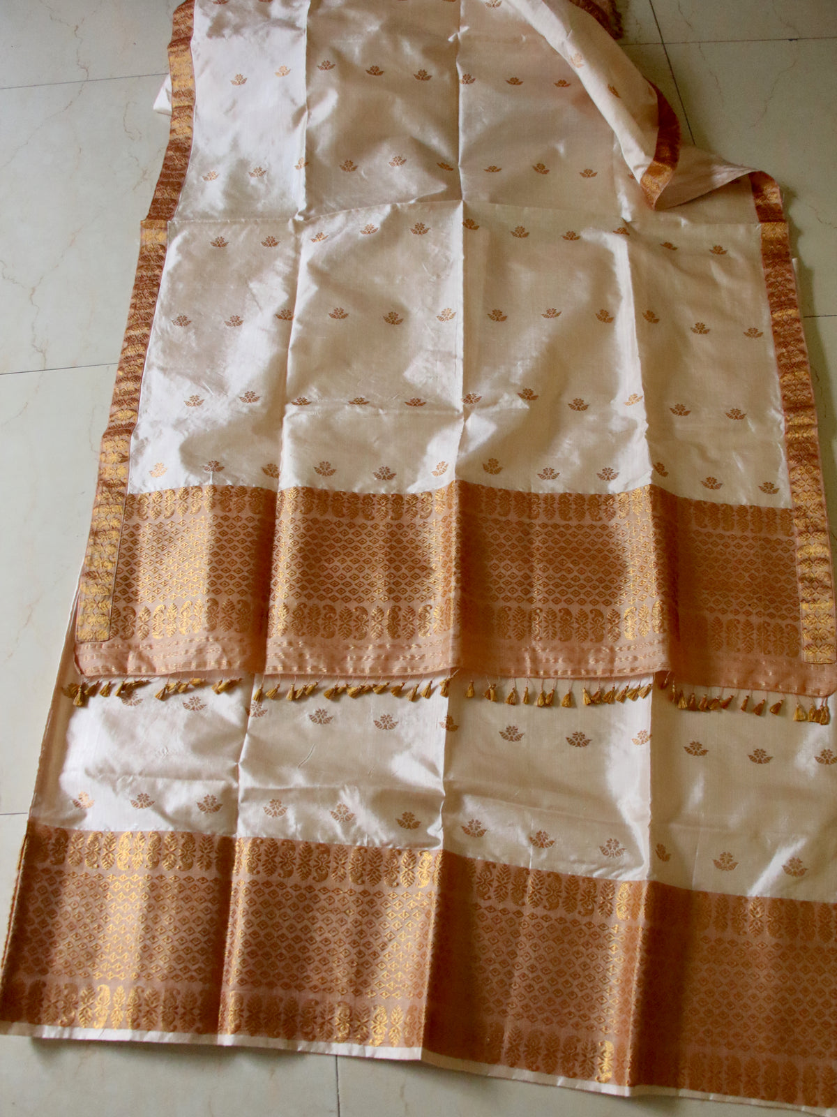 Soft Golden Beige Traditional Silk Mekhela Chador Set from Assam