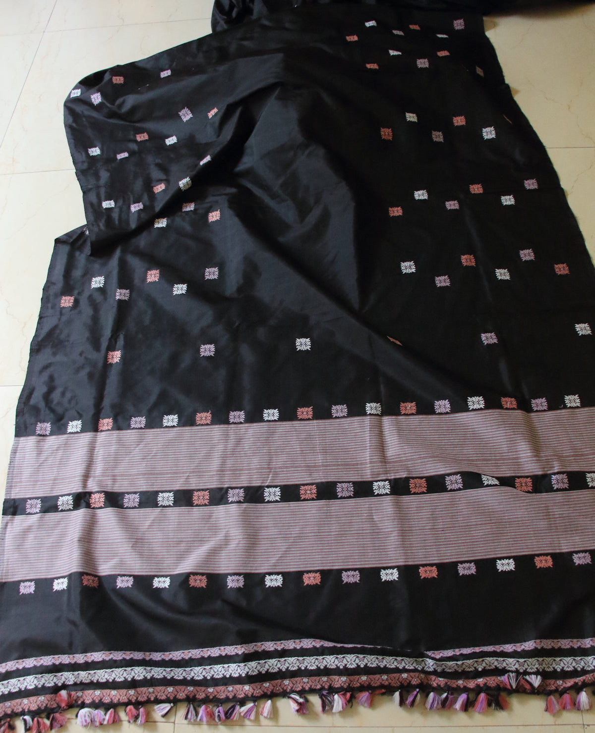 Black Handloom Mulberry Silk Saree / Contemporary Design from Assam