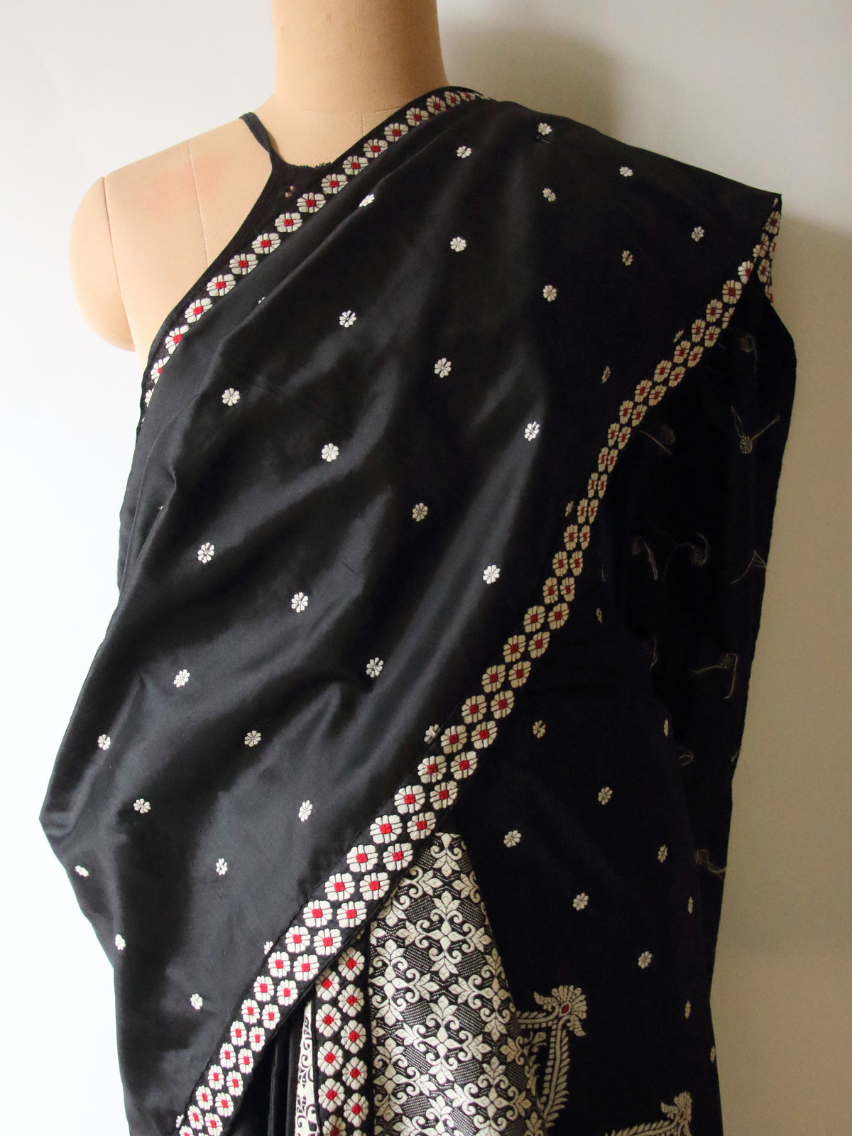 Black Handloom Mulberry Silk Mekhla Chador Set from Assam