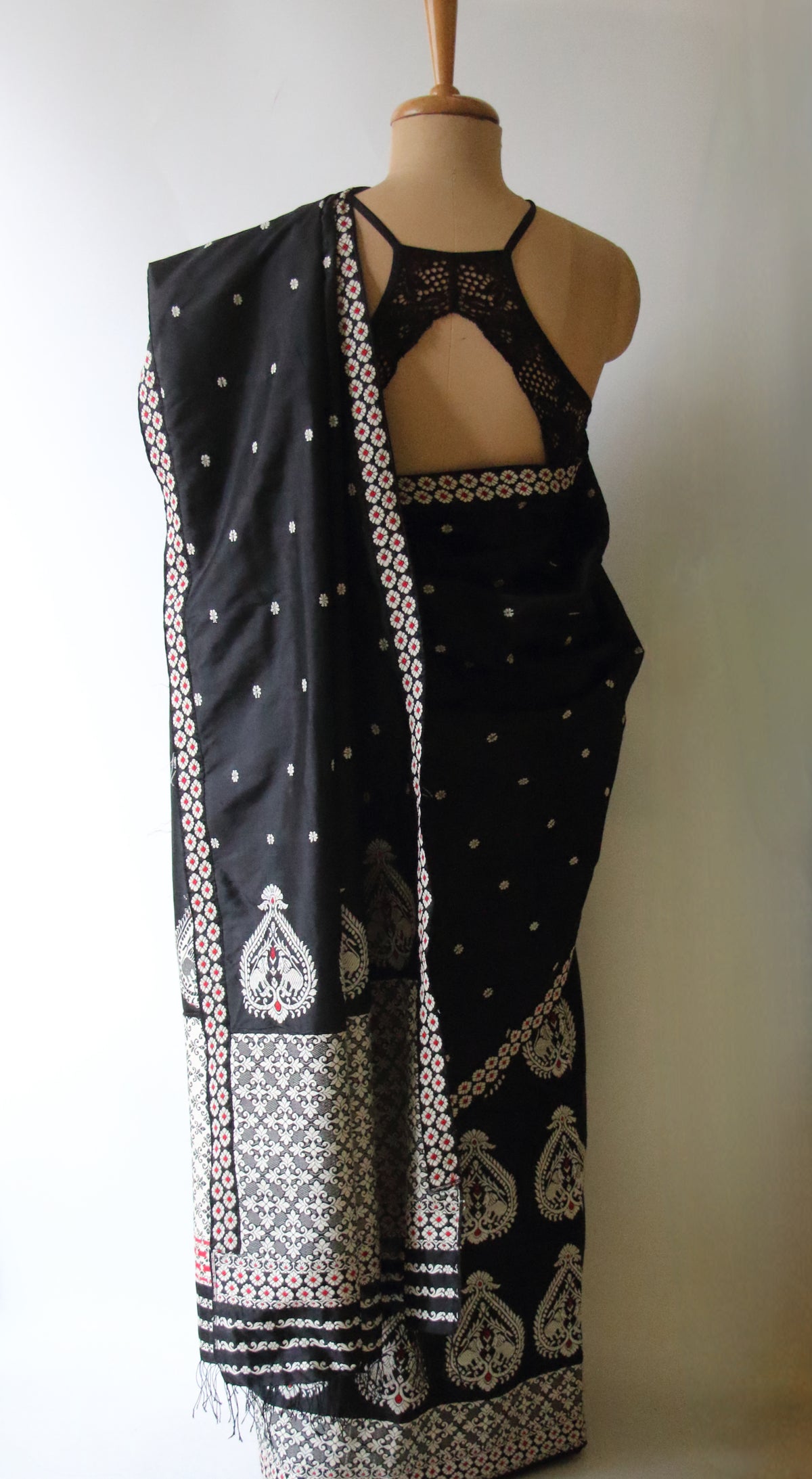 Black Handloom Mulberry Silk Mekhla Chador Set from Assam