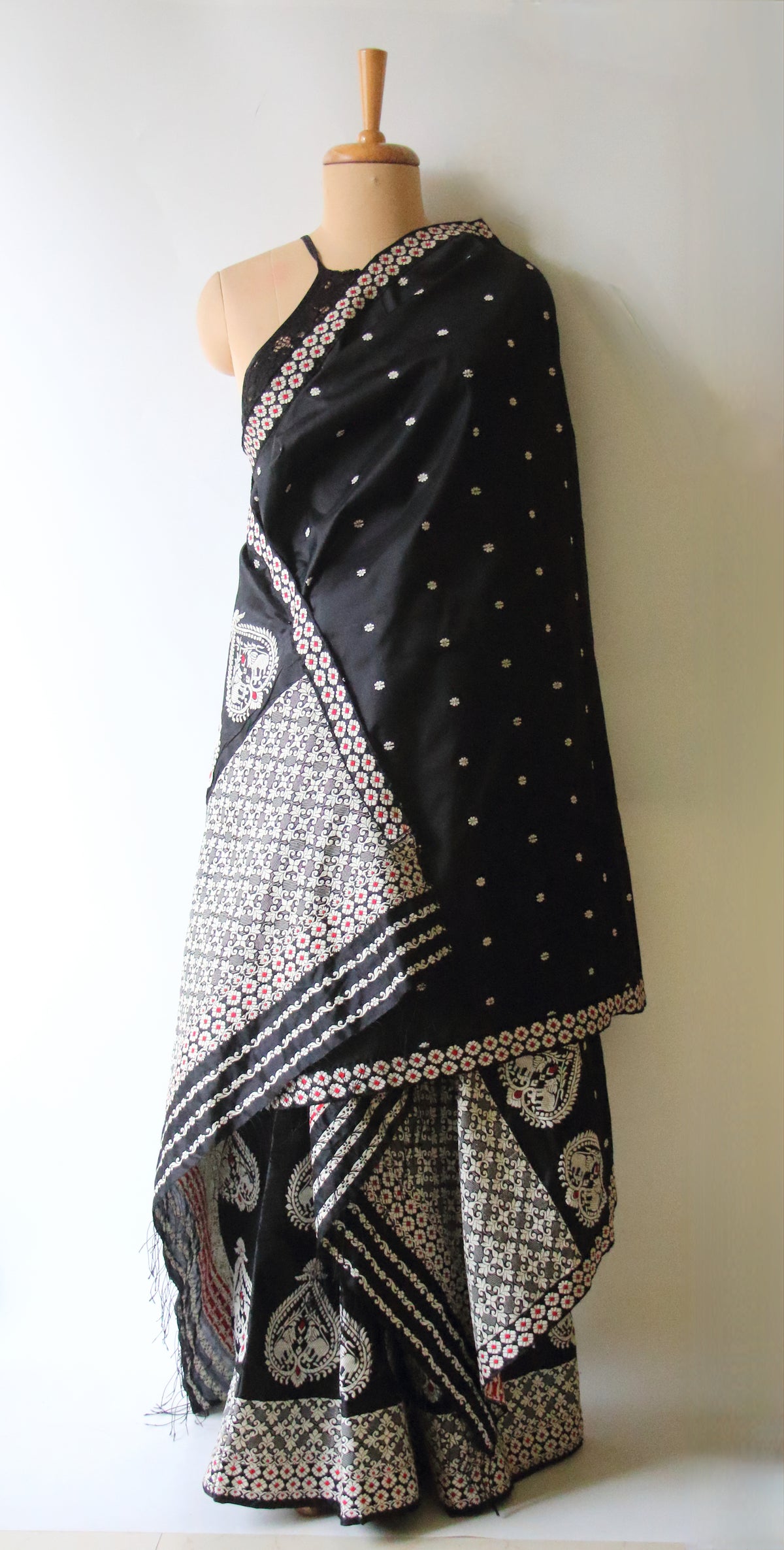 Black Handloom Mulberry Silk Mekhla Chador Set from Assam