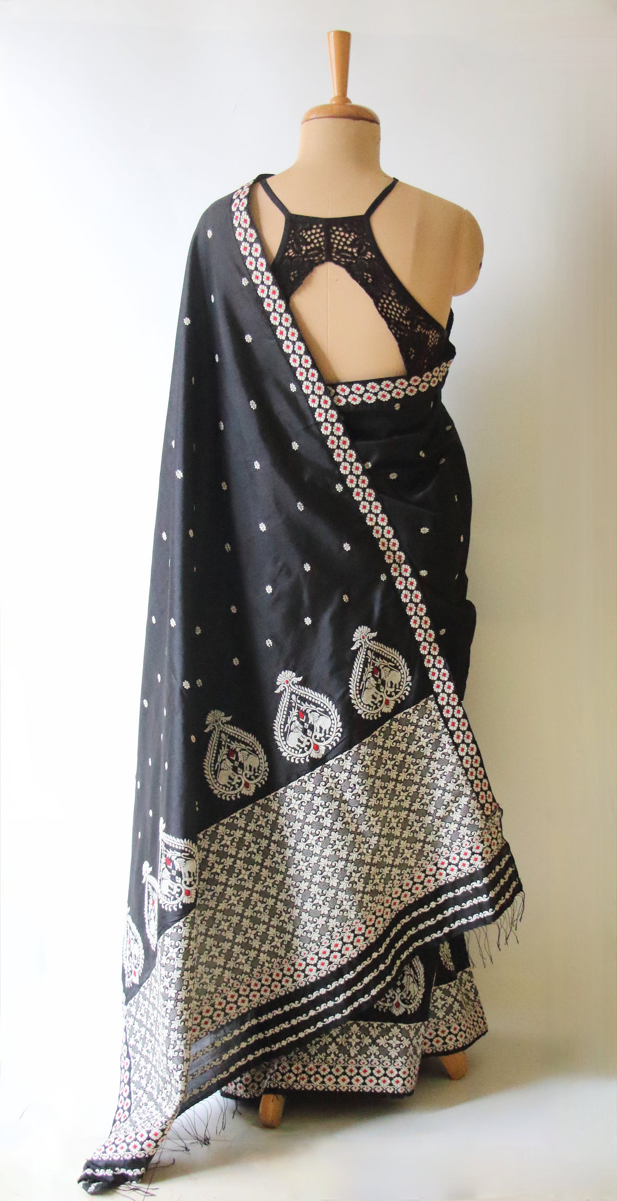 Black Handloom Mulberry Silk Mekhla Chador Set from Assam