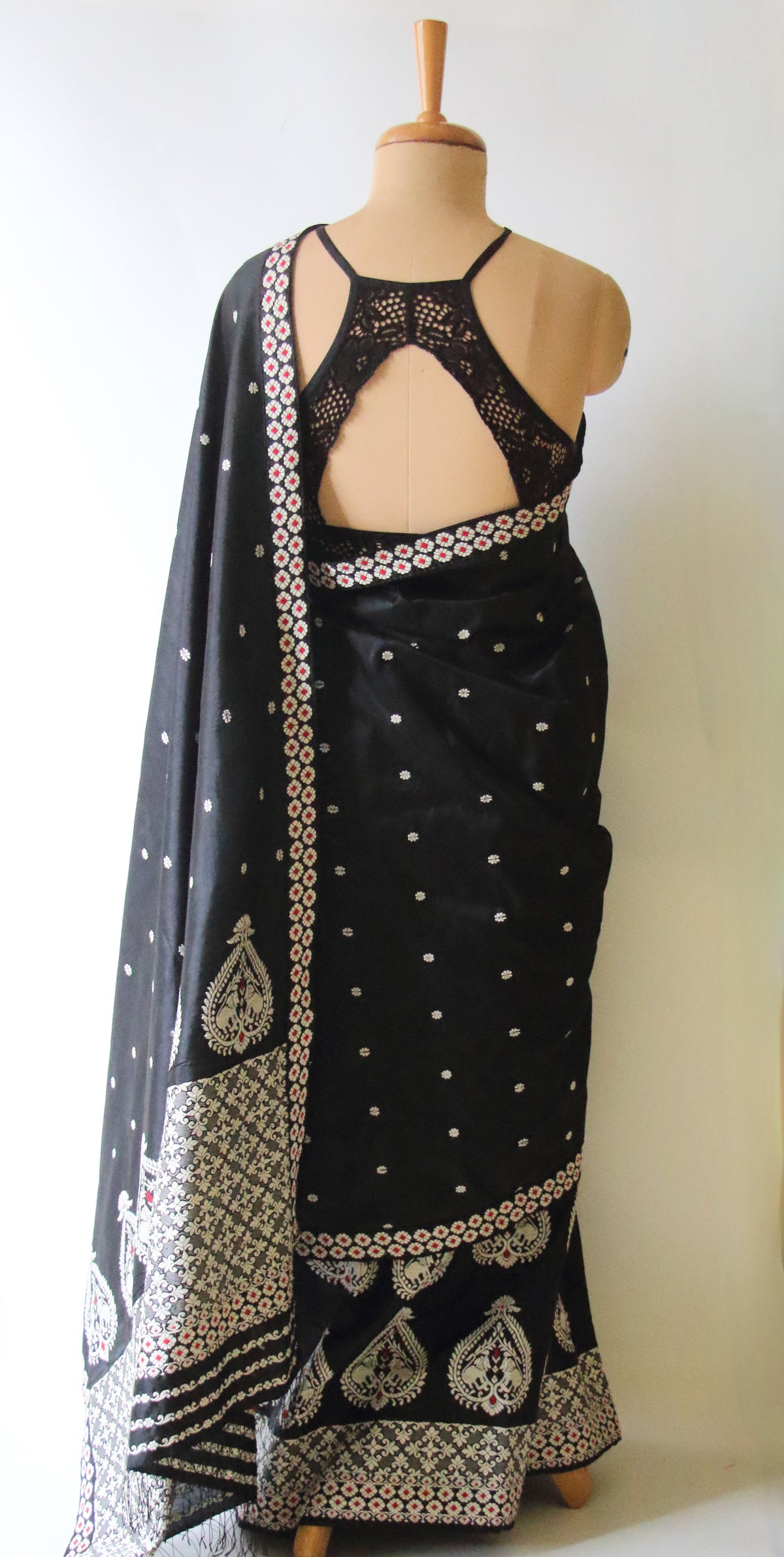 Black Handloom Mulberry Silk Mekhla Chador Set from Assam