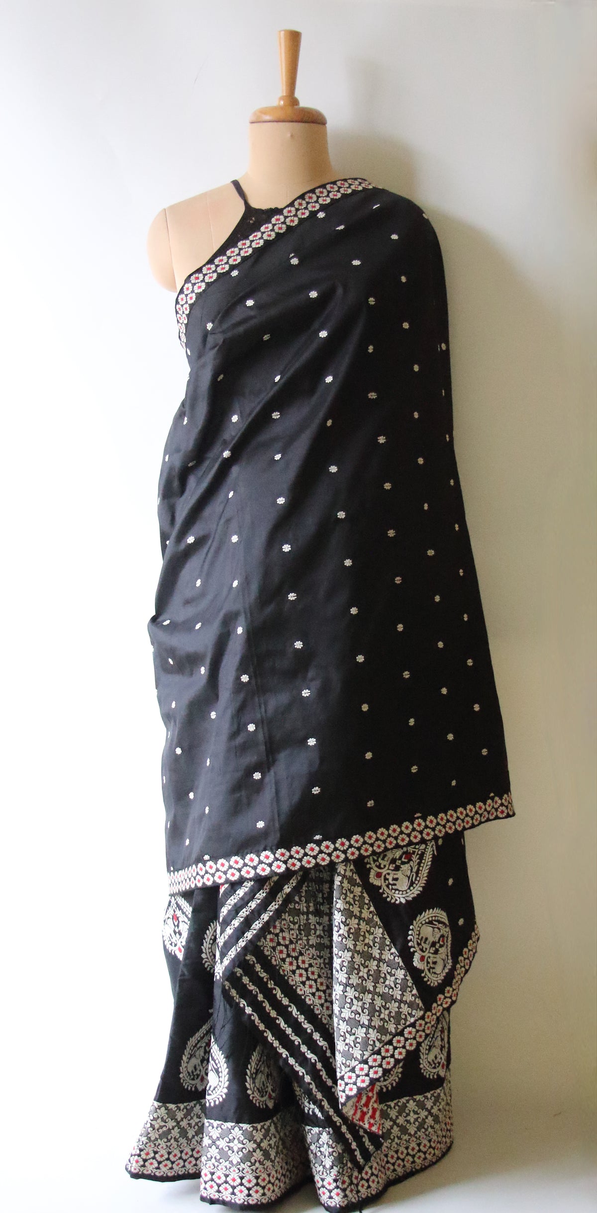 Black Handloom Mulberry Silk Mekhla Chador Set from Assam