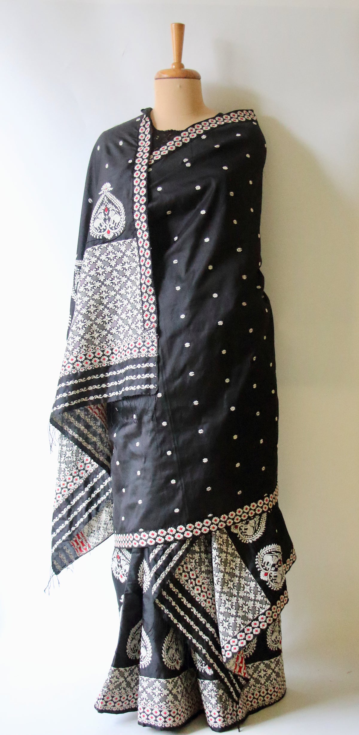 Black Handloom Mulberry Silk Mekhla Chador Set from Assam