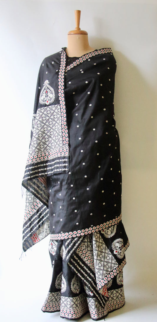 Black Handloom Mulberry Silk Mekhla Chador Set from Assam