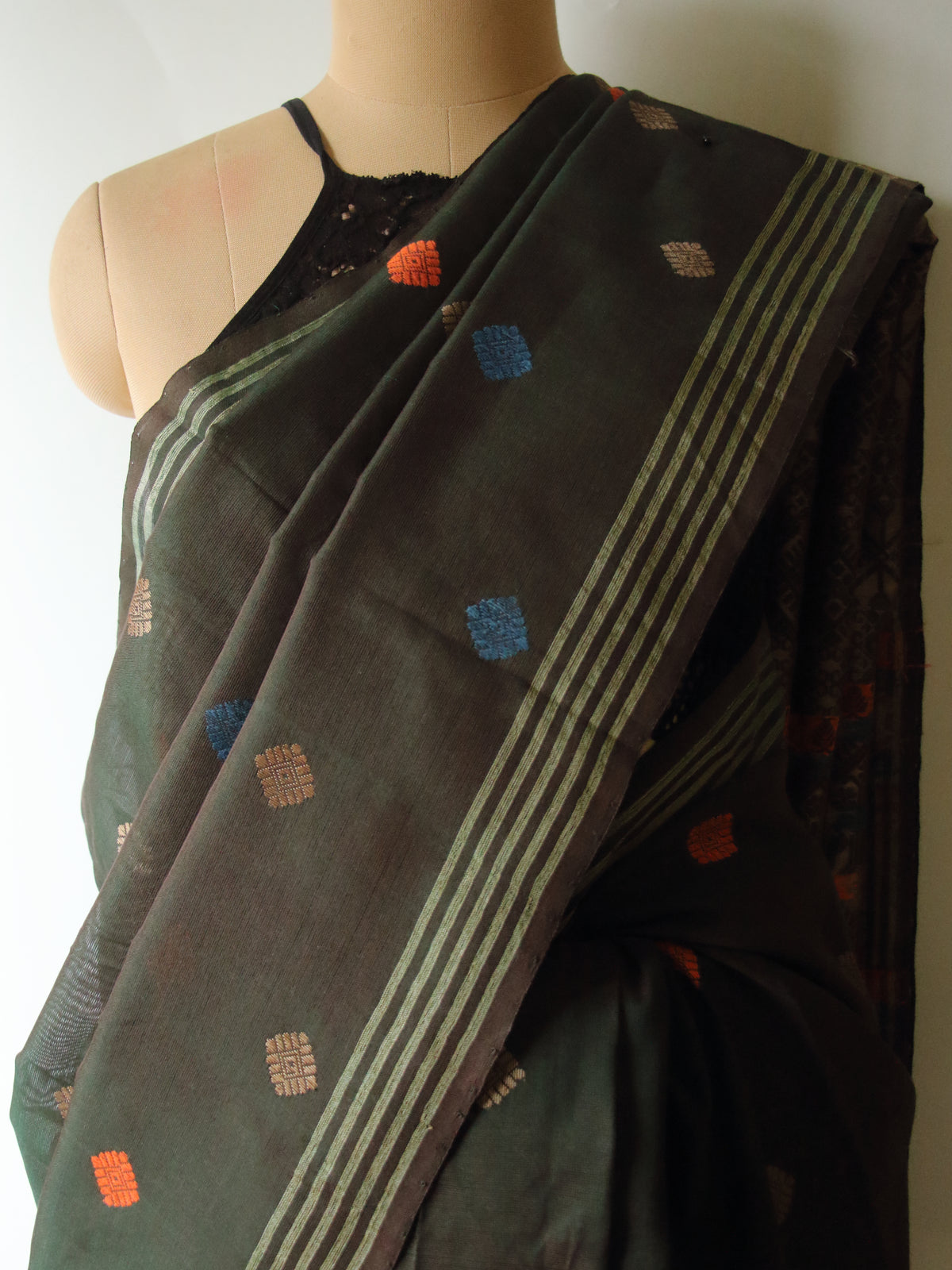 Natural Dyed Two Tone Green Handloom Cotton Silk Saree from Assam