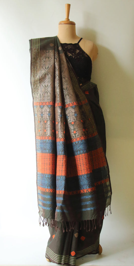 Natural Dyed Two Tone Green Handloom Cotton Silk Saree from Assam