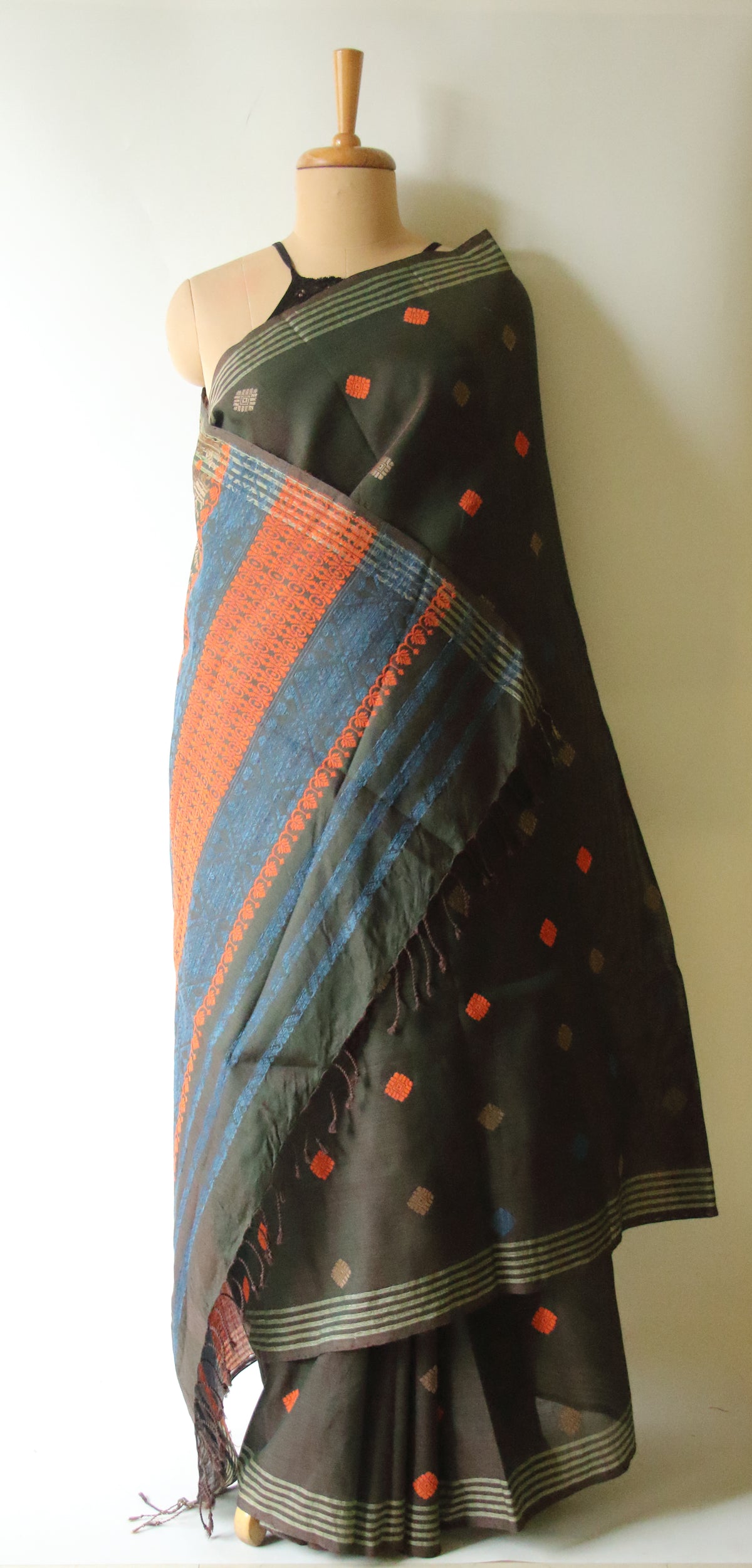 Natural Dyed Two Tone Green Handloom Cotton Silk Saree from Assam