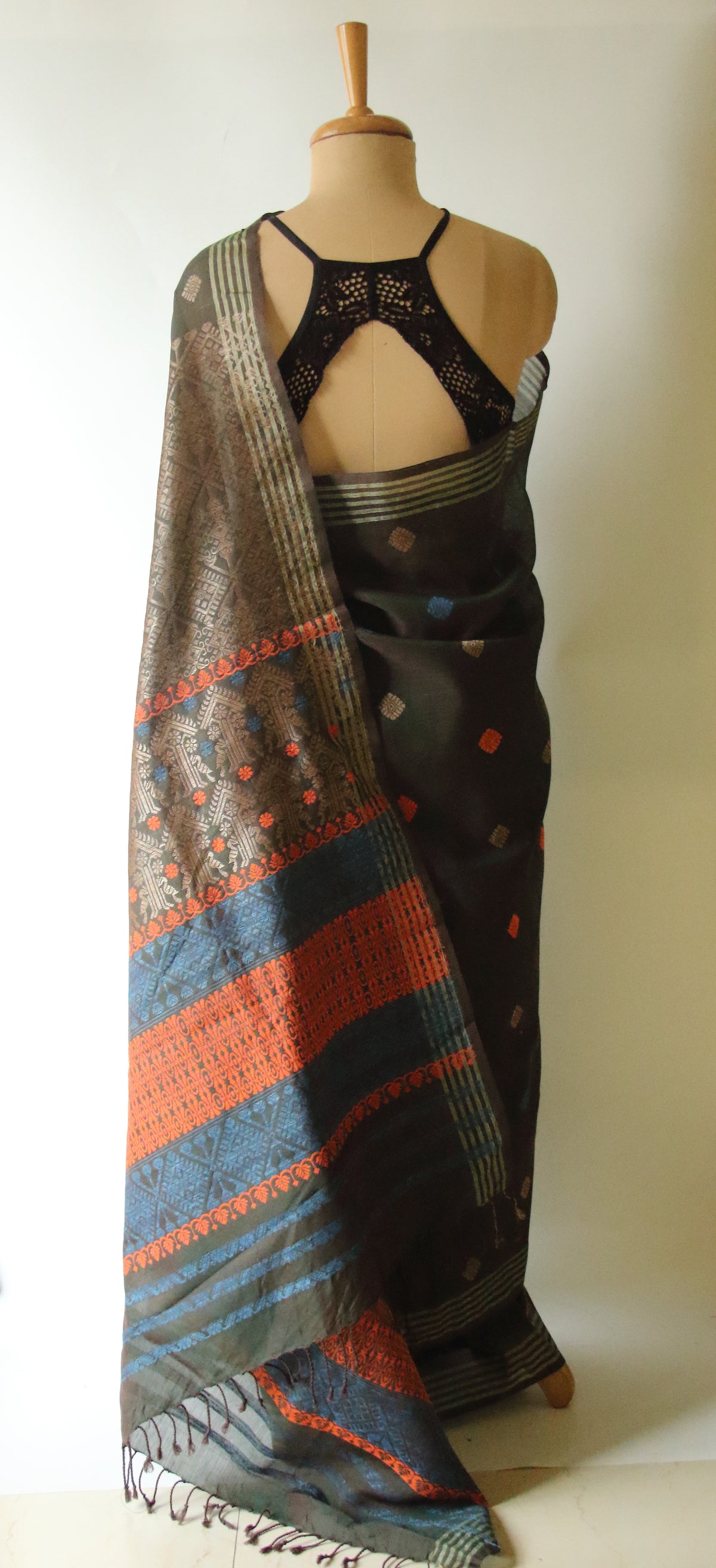 Natural Dyed Two Tone Green Handloom Cotton Silk Saree from Assam