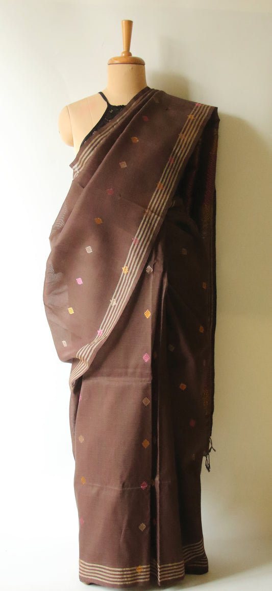 Natural Dyed Two Tone Brown  Handloom Cotton Silk Saree from Assam