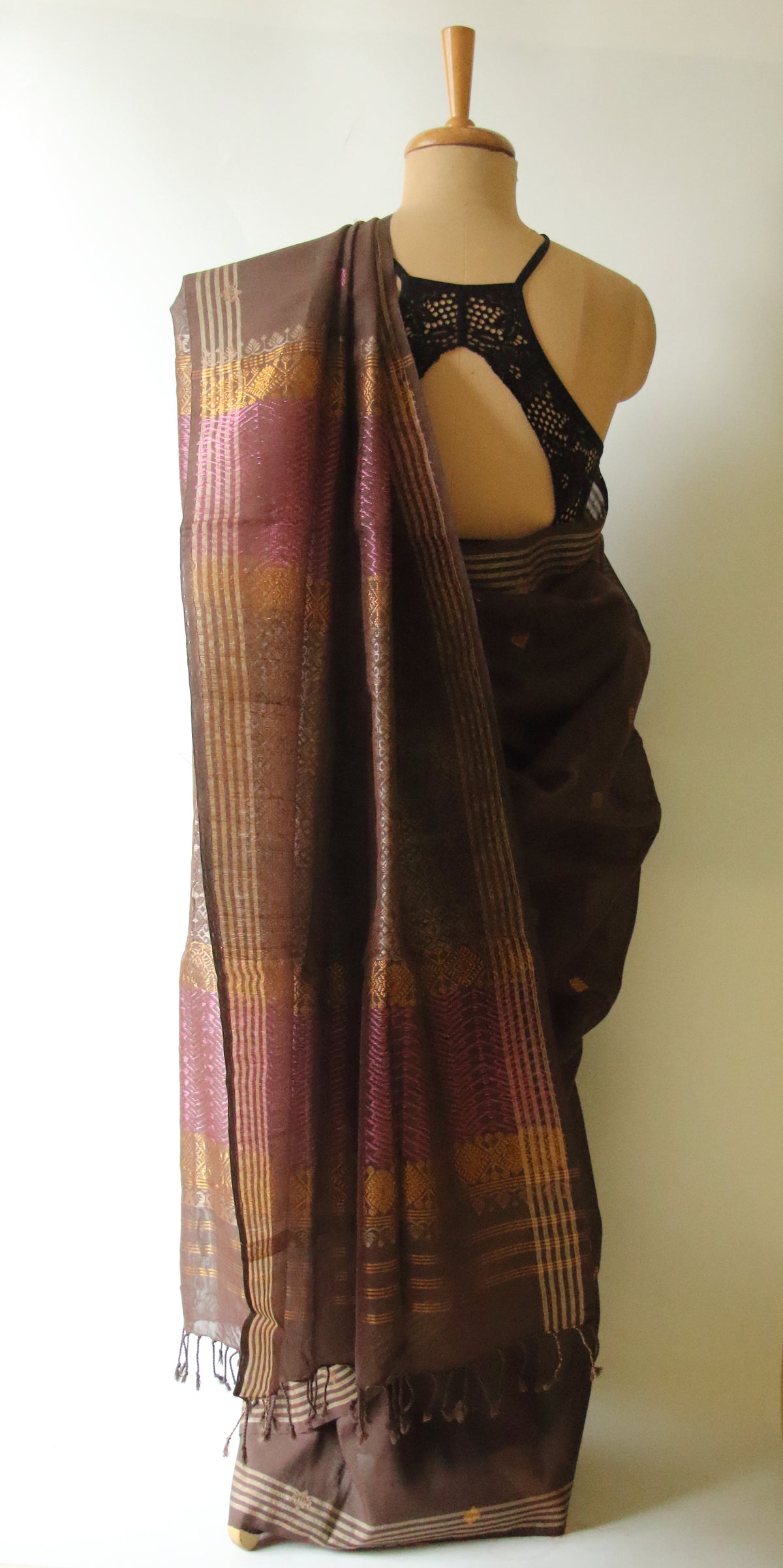 Natural Dyed Two Tone Brown  Handloom Cotton Silk Saree from Assam