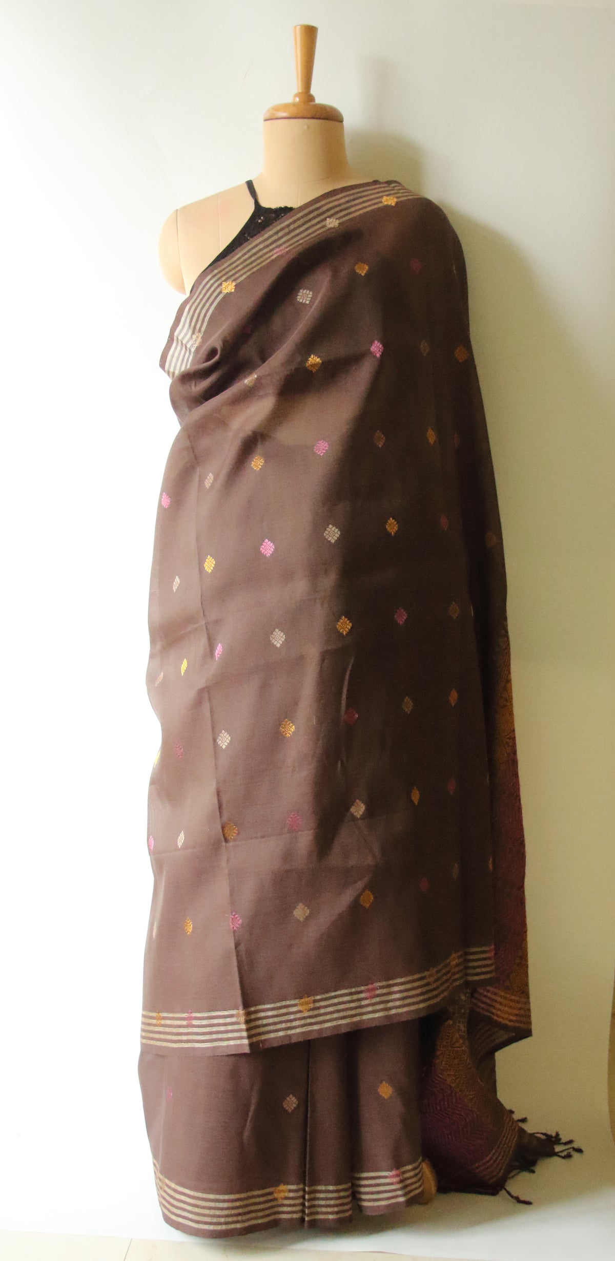 Natural Dyed Two Tone Brown  Handloom Cotton Silk Saree from Assam