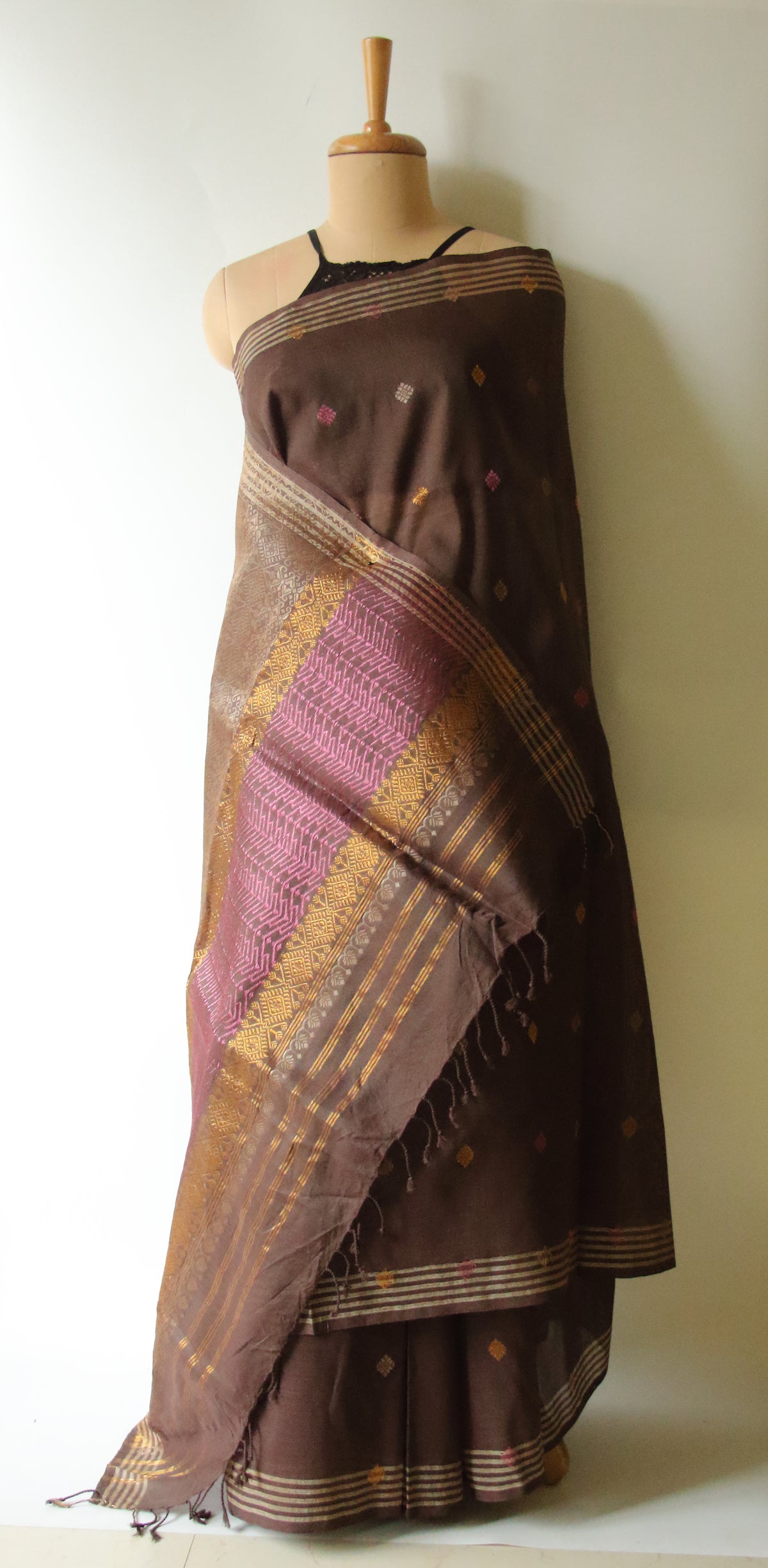 Natural Dyed Two Tone Brown  Handloom Cotton Silk Saree from Assam