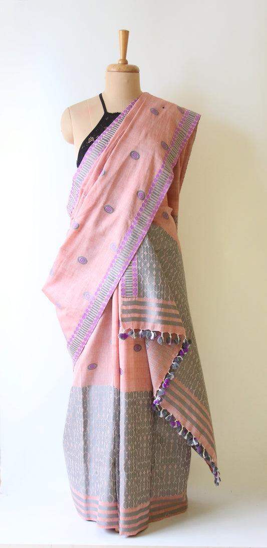 Soft Peach Cotton Mekhela Chador Set