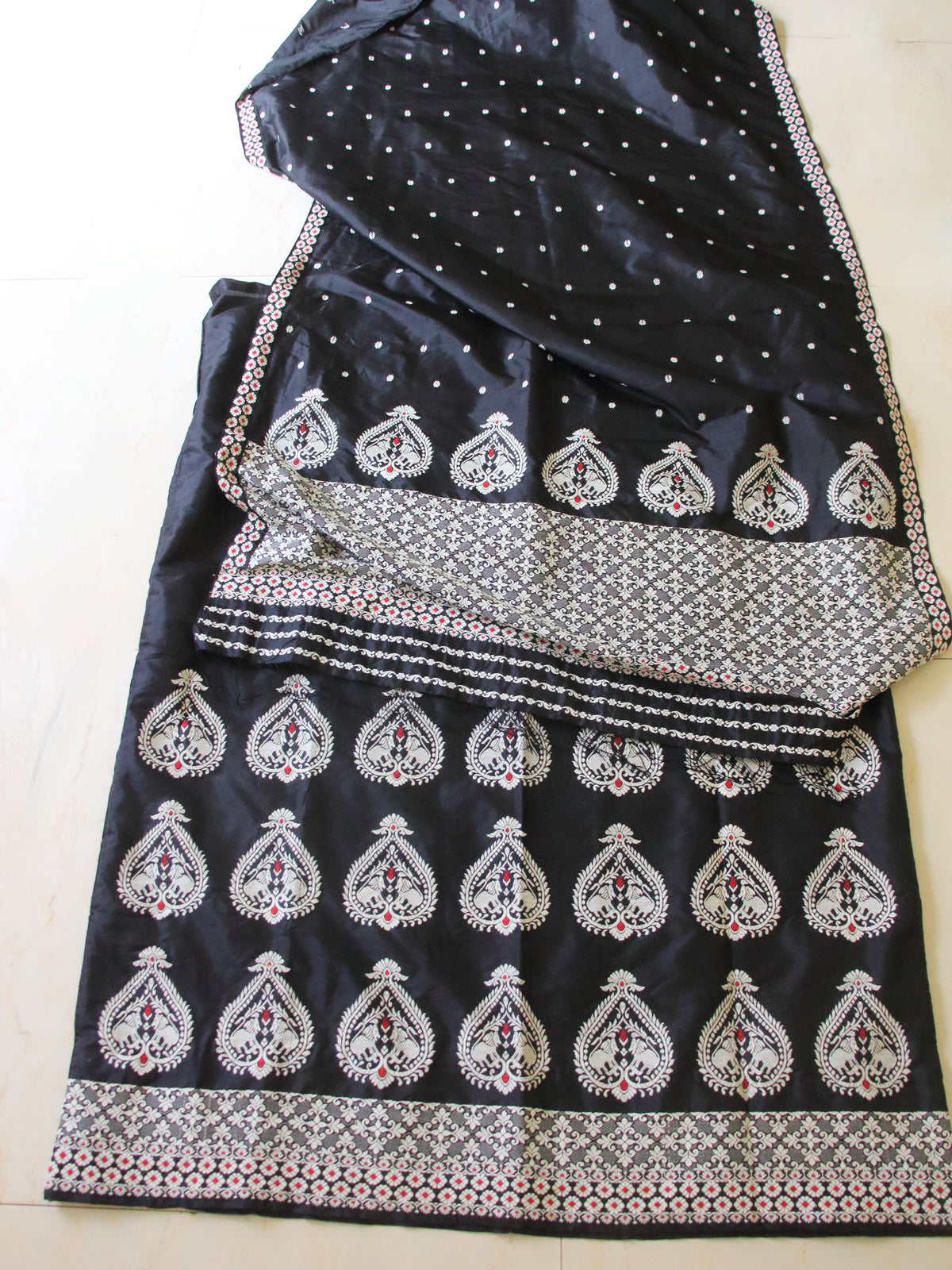 Black Handloom Mulberry Silk Mekhla Chador Set from Assam