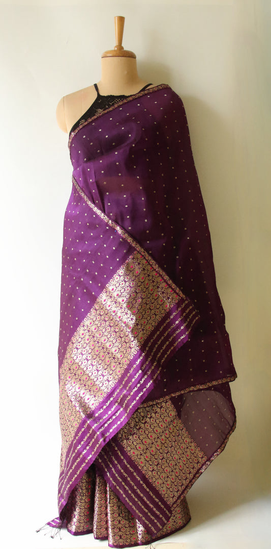 Purple Handloom Mulberry Silk Mekhla Chador Set from Assam